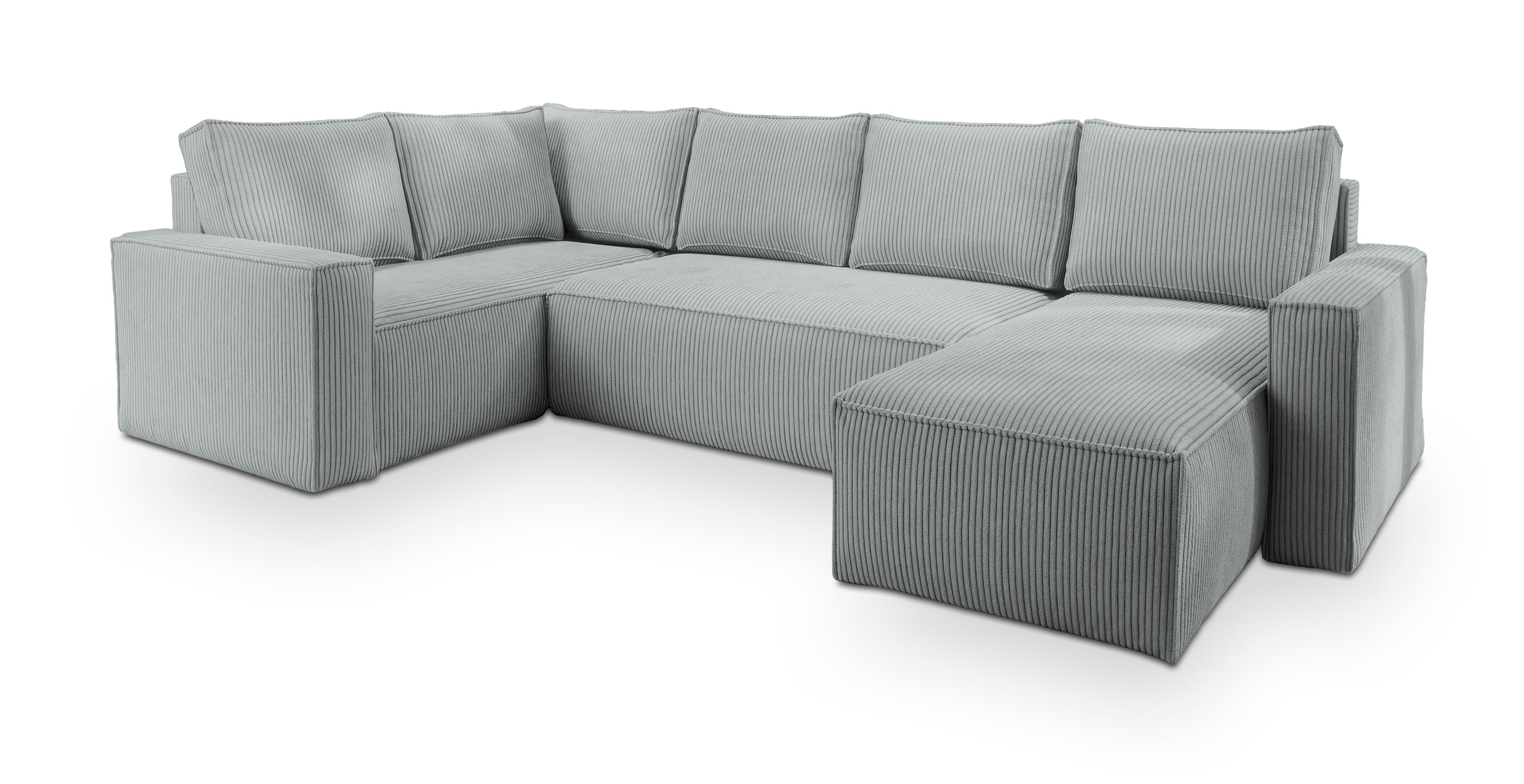 WOHNLANDSCHAFT NORENA L-S Hellgrau Kordstoff mit Schlaffunktion - Hellgrau, Holz (295/85/157.5cm) - MASSENO