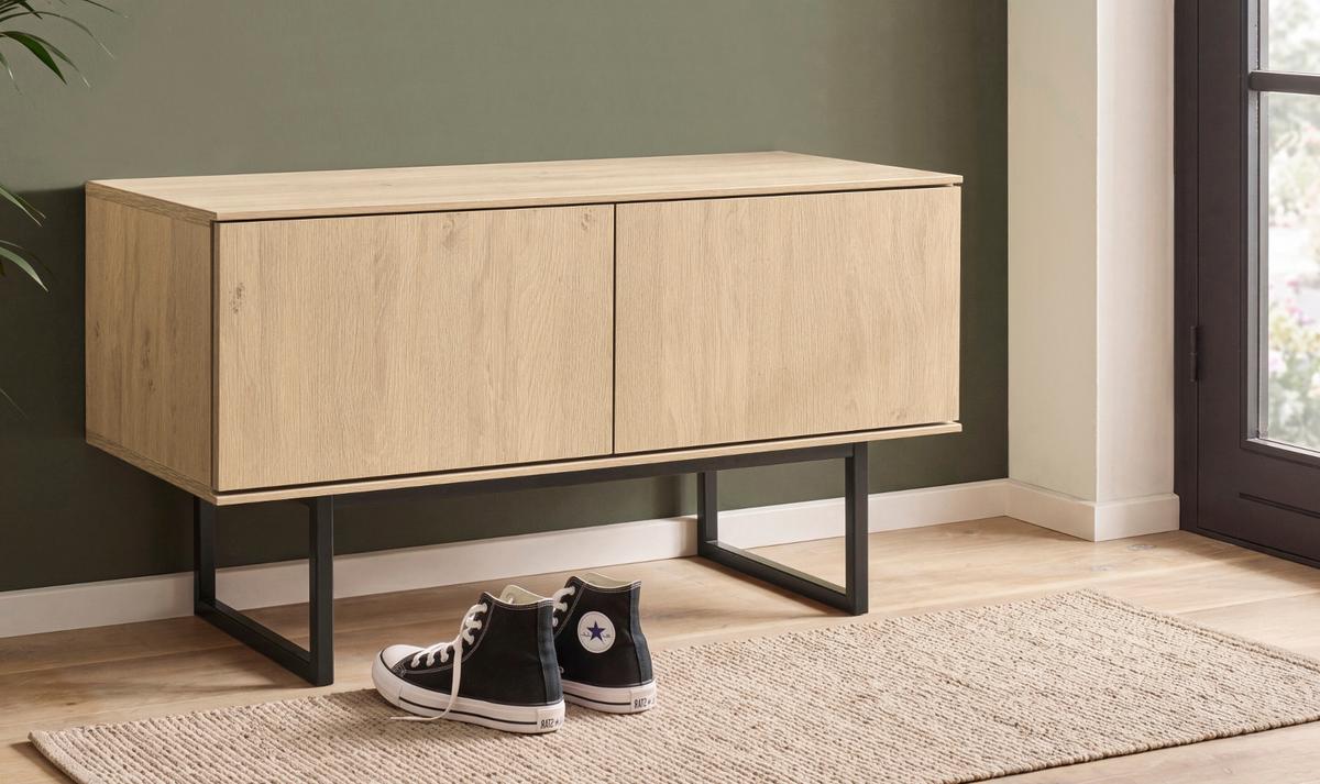 GARDEROBENBANK Stone Eiche 90 cm, Sitzbank mit Push-to-Open - Eichefarben/Schwarz, Holzwerkstoff/Metall (90/49/40cm) - Furn.Design