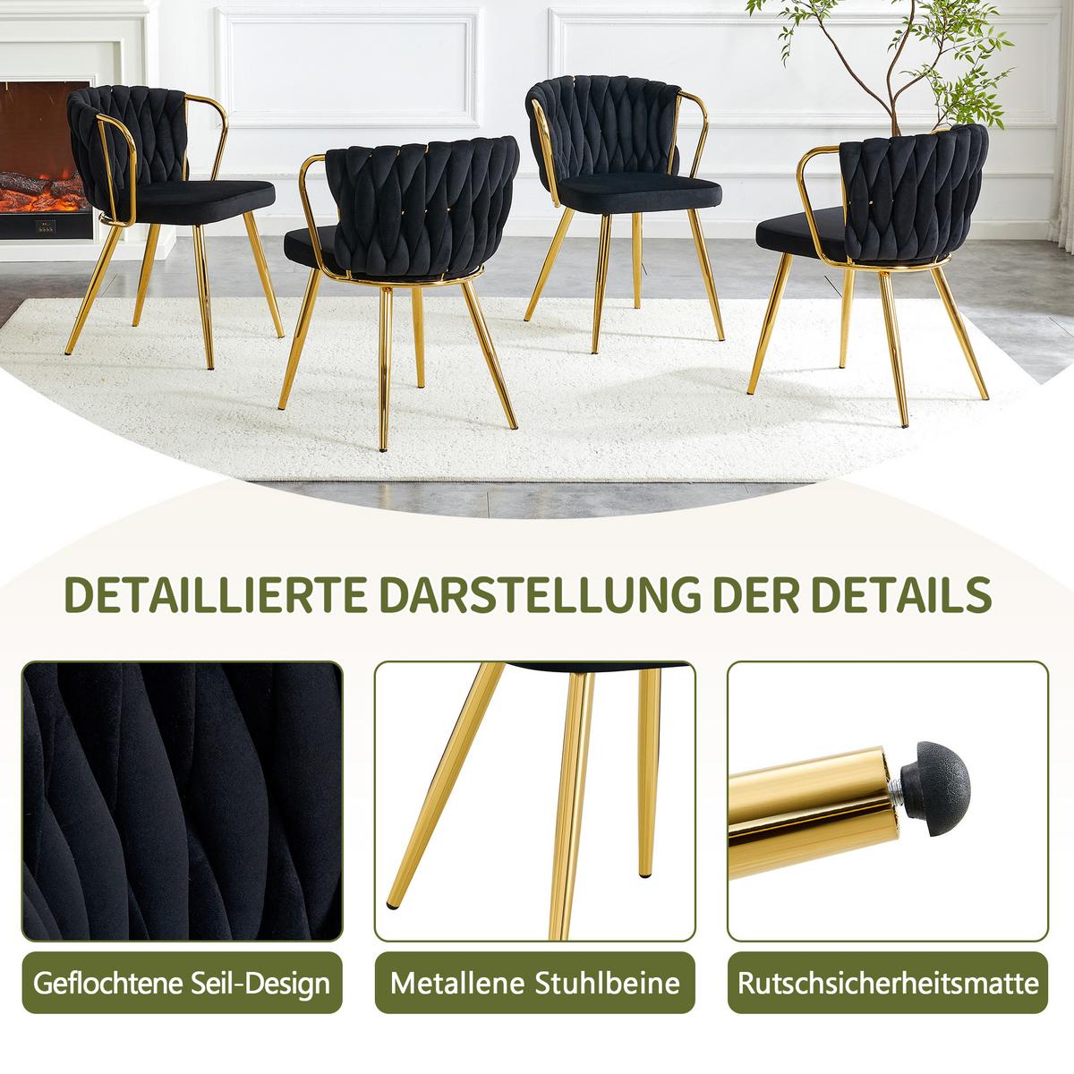 ESSZIMMERSTUHL 2ER-SET aus Samt mit goldenen Beinen, ergonomisch gepolstert - Schwarz, Textil (43/76/58cm) - Urban Meuble