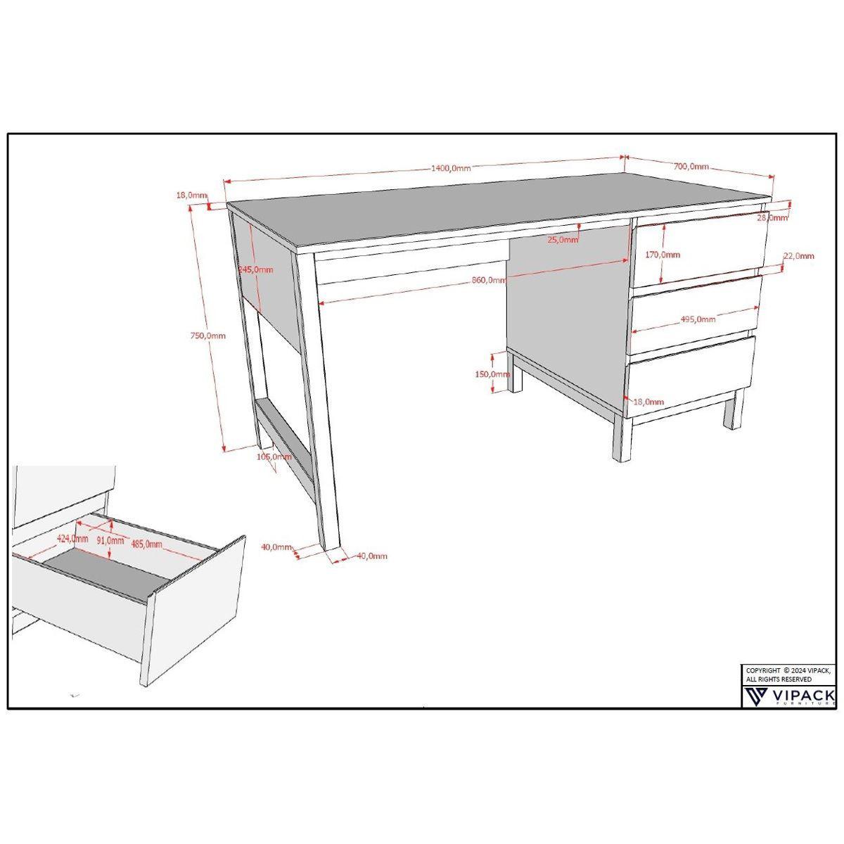SCHREIBTISCH MDF Kiefer weiß 3 Schubladen robust stabil pflegeleicht - Weiß, Holz (140/70/75cm) - 58aufmkessel