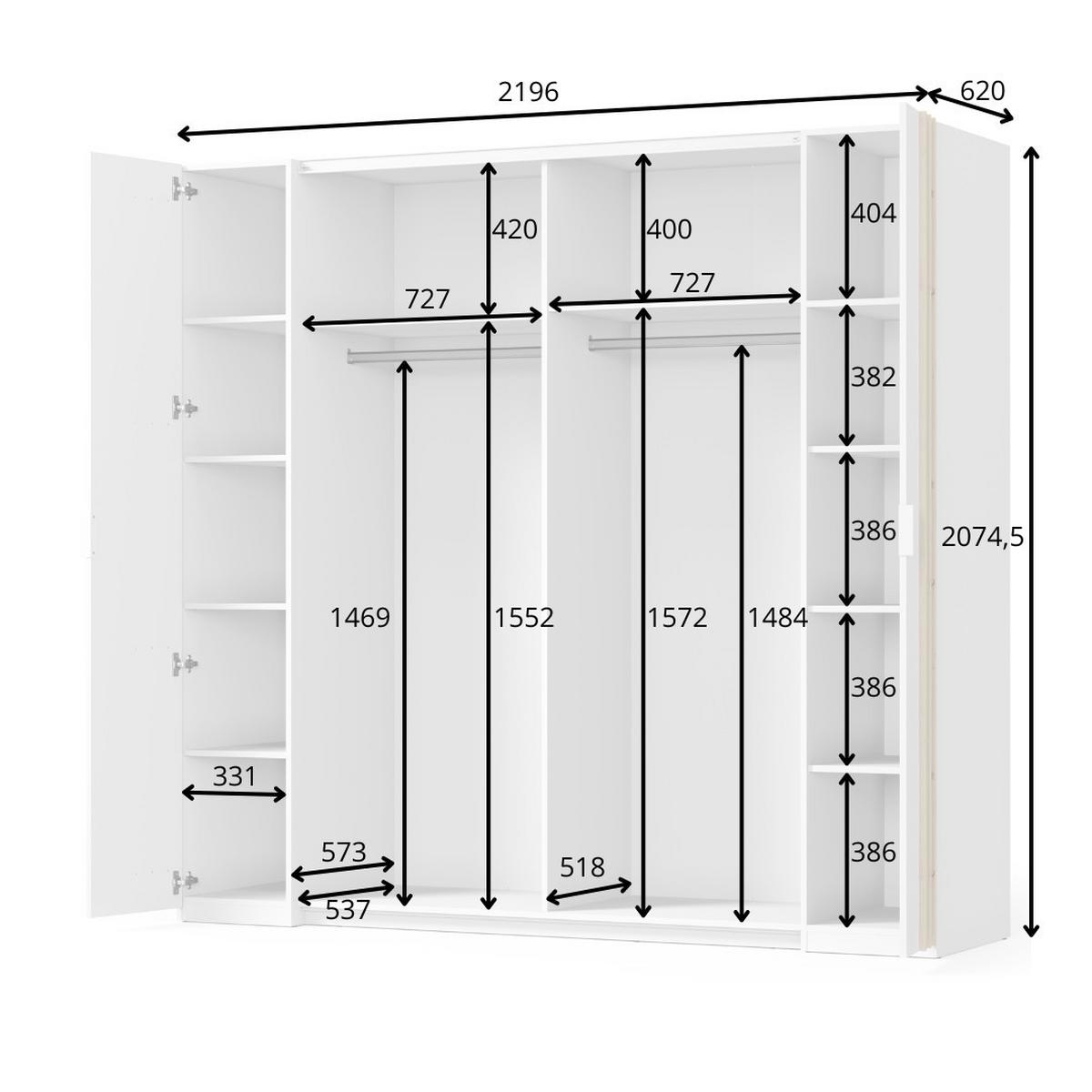 DREHTÜRENSCHRANK TOREN 218/207,5/62cm 4-türig mit Spiegel Weiß - Weiß, Holzwerkstoff (218/207.5/62cm) - MASSENO