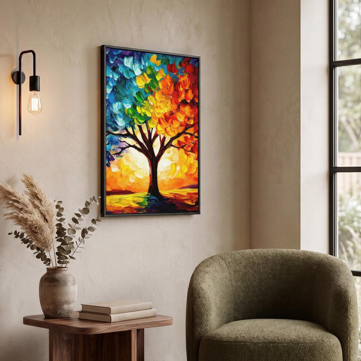 LEINWAND Bilder mit Rahmen - Baum - Kunst - Natur - Sonnenuntergang - 50x70 - Multicolor, Textil (50/70cm) - MuchoWow