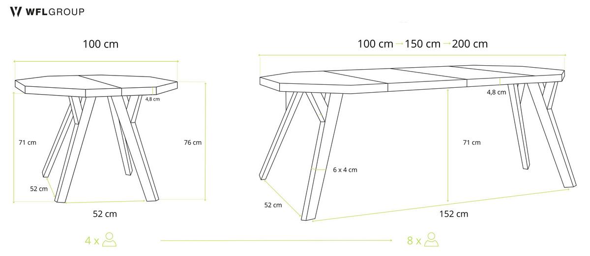 ESSTISCH Desmond achteckiger ausziehbarer, Wotan Eiche 100-200/100/76 cm - Eiche Wotan/Schwarz, Holz/Holzwerkstoff (100/200/76cm) - WFL GROUP