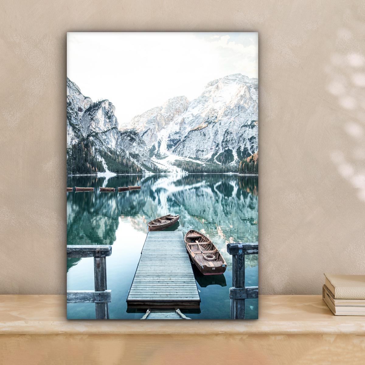 LEINWANDBILD Natur - Berge - Schnee - Wald - Boot Deko Wohnzimmer 20x30 cm - Hellgrün, Textil (20/30cm) - MuchoWow