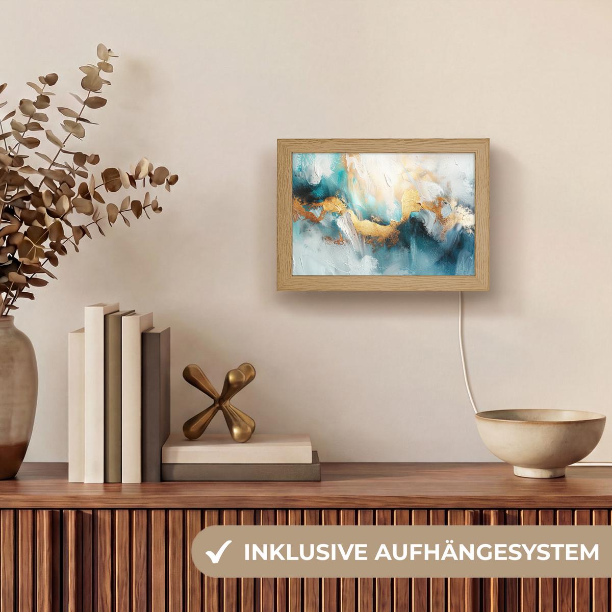 WANDLEUCHTE Abstrakt - Kunst - Gold - Blau 20x15 cm - Türkis, Holzwerkstoff (20/15/8cm) - OnlyWow