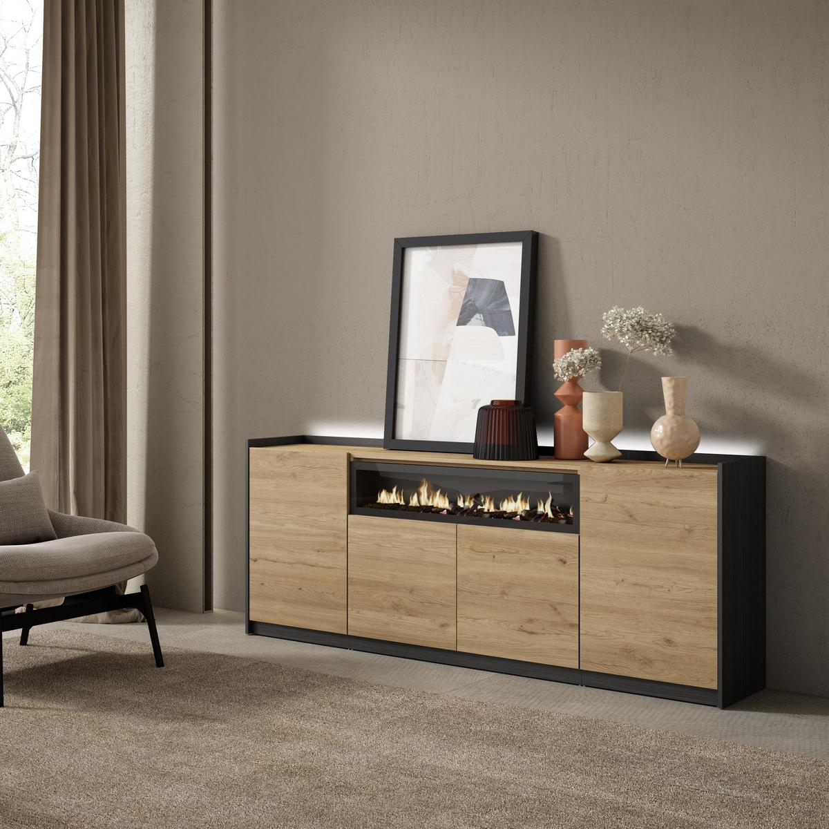 SIDEBOARD, Eiche und Schwarz, 207/37/80cm, Kamin mit Feuereffekt - Eichefarben, Holzwerkstoff (207/80/37cm) - Skraut Home
