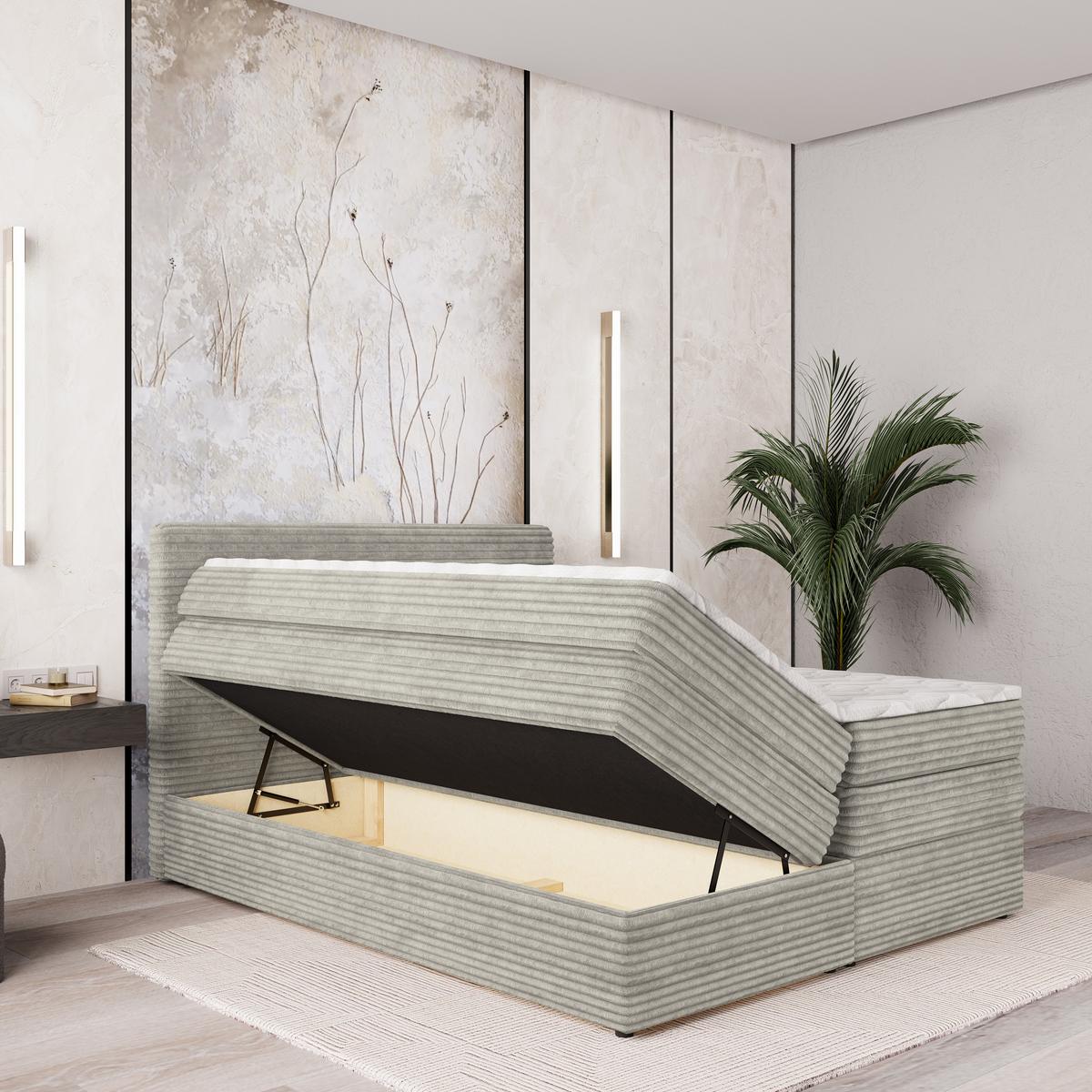 BOXSPRINGBETT LUNERA 180x200 cm mit Matratze und Topper - Hellgrau - Hellgrau, Holz (180/200cm) - MASSENO