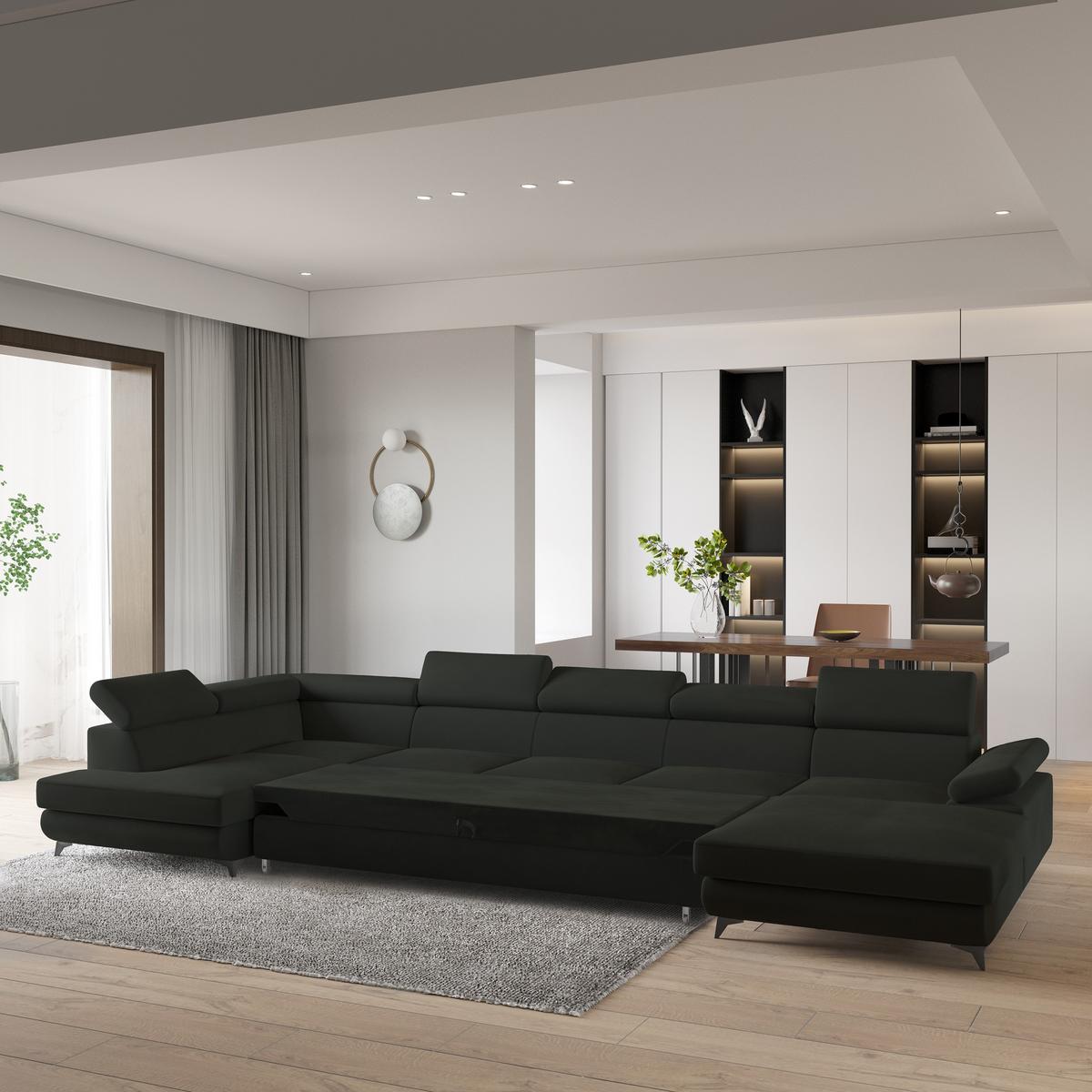 WOHNLANDSCHAFT MONTIVA Schwarz Velours-Stoff mit Schlaffunktion - Schwarz, Holz (410/89/190cm) - MASSENO