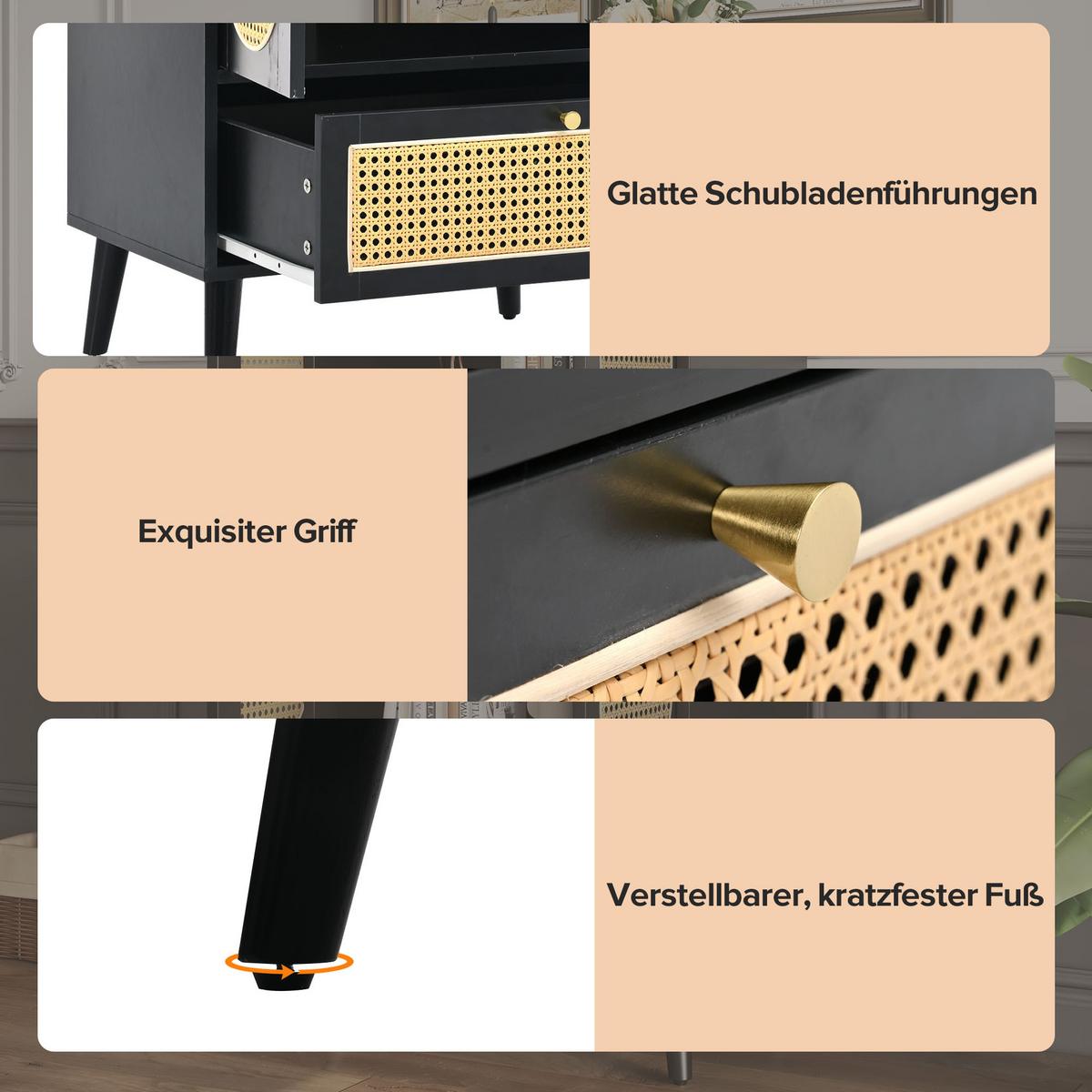 HIGHBOARD Aus Rattan Schwarz 60/40/110,5 cm - Schwarz, Holzwerkstoff/Metall (40/111/60cm) - Urban Meuble