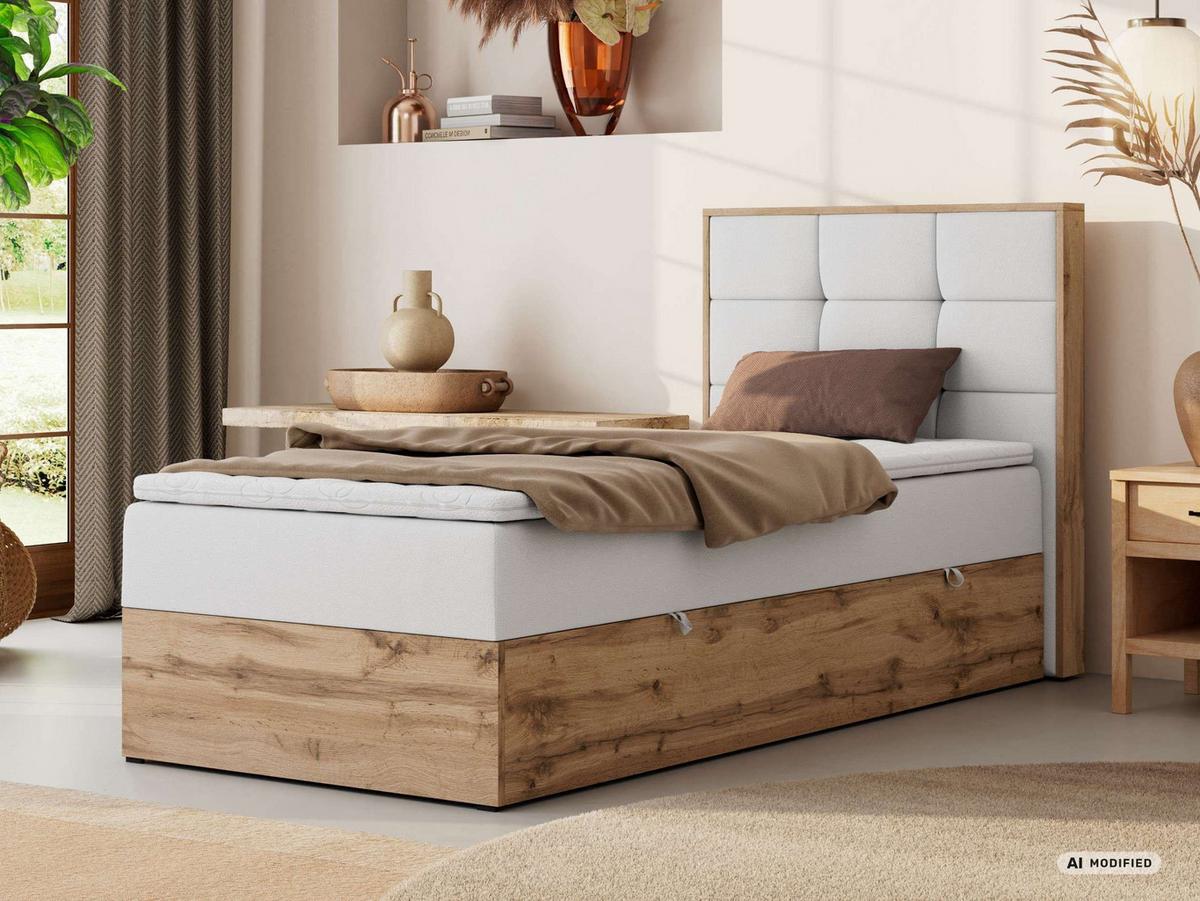 BOXBETT ALBERO 1 90/200 - Weiß Kunstleder - Topper T25 - H4 - Rechts - Schwarz/Weiß, Kunststoff/Textil (90/200cm) - MKS