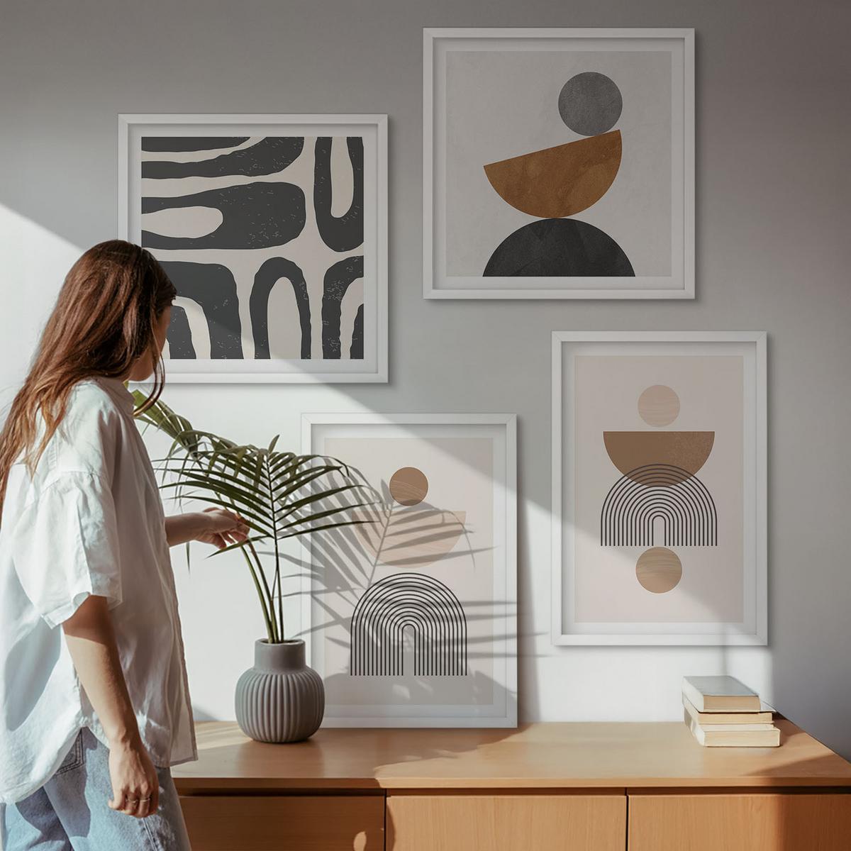 BILDER SET 4er Set - 50x50 cm & 40x60 cm Weißer Rahmen - Abstraktes Boho-Design - Weiß, Kunststoff (50/50cm) - TULUP