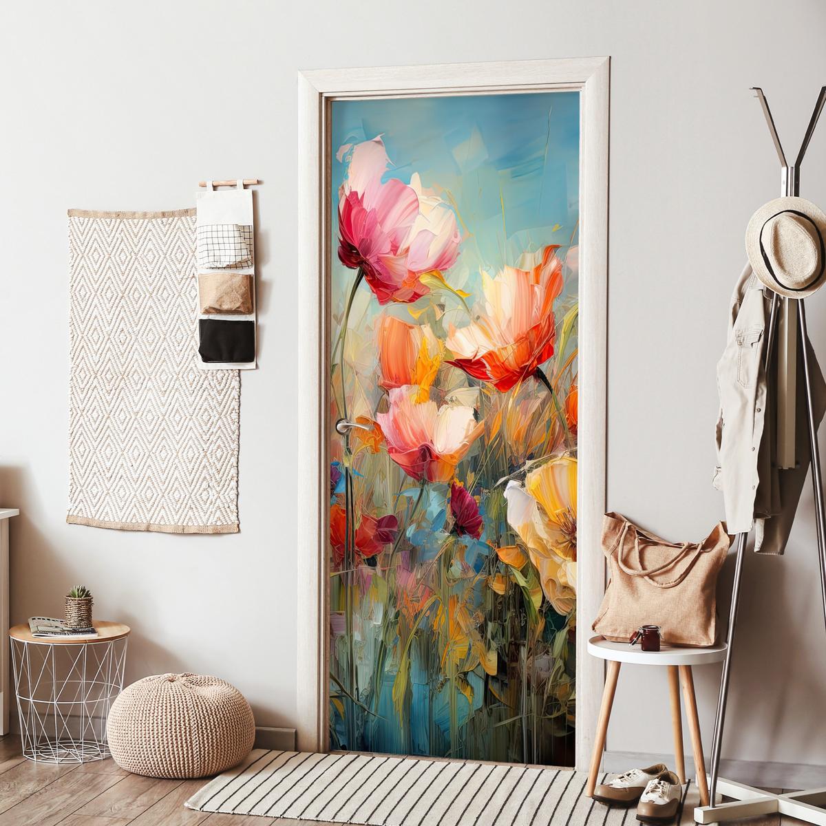 TÜRAUFKLEBER Blumen - Aquarell - Kunst - Botanisch - Natur 85x215 cm - Türtapete - Orange, Kunststoff (85/0.1cm) - MuchoWow