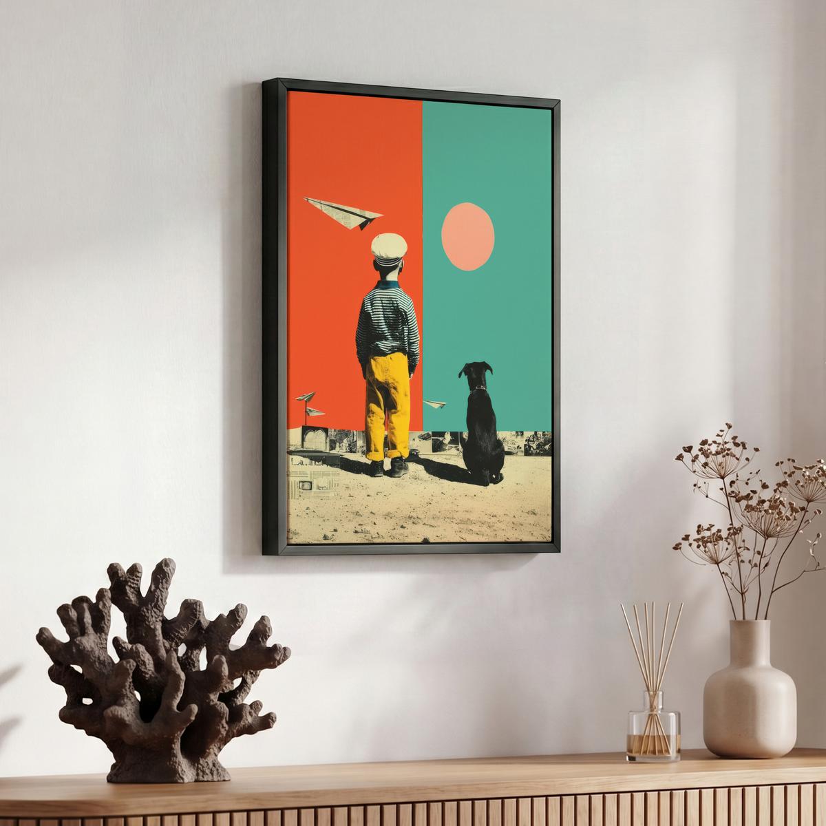 LEINWAND Bilder mit Rahmen - Retro - Junge - Hund - Rot - Grün - 30x40 - Orange, Textil (30/40cm) - MuchoWow