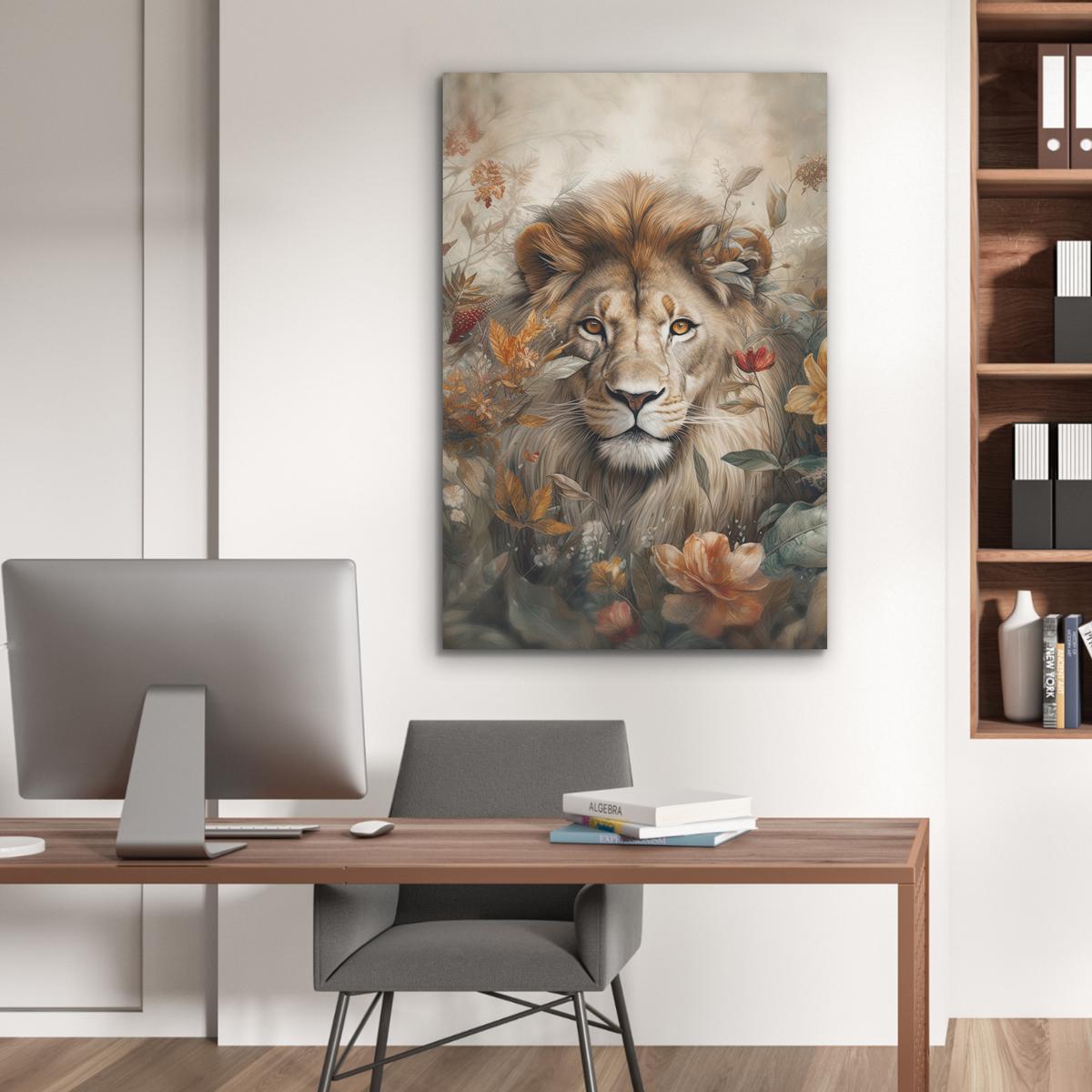 AKUSTIKBILD Löwe - Wildtiere - Pflanzen - Natur - Blumen Wanddeko 60x90 cm - Beige, Kunststoff (60/90/0.9cm) - MuchoWow