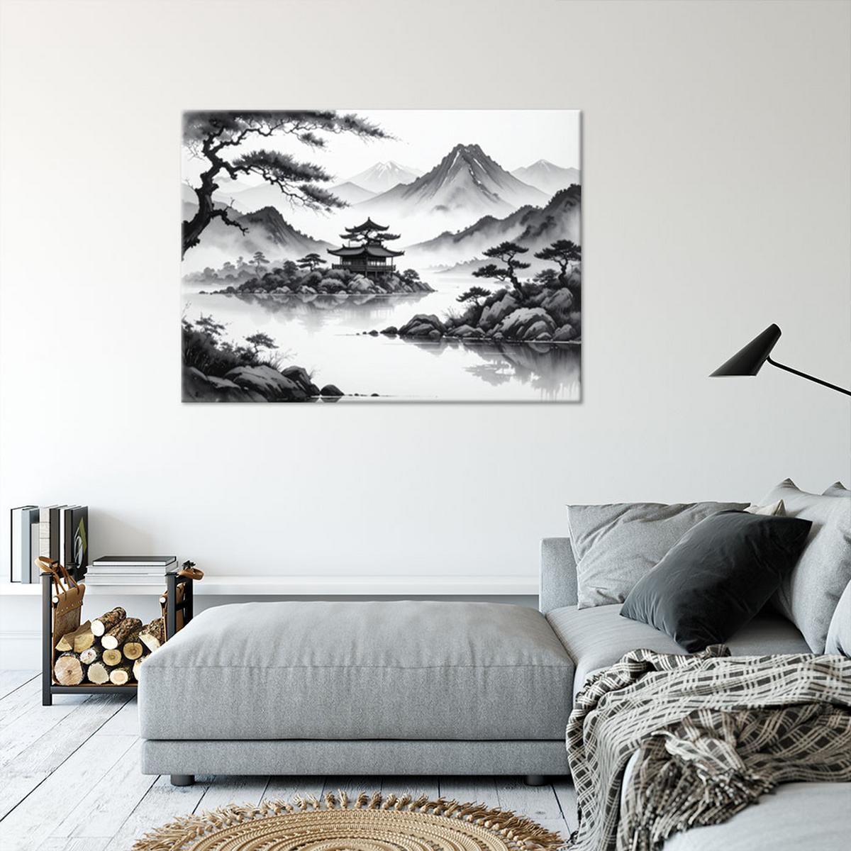 LEINWANDBILD Landschaft im japanischen Stil 120x80cm - Schwarz, Textil (120/80cm) - Feeby