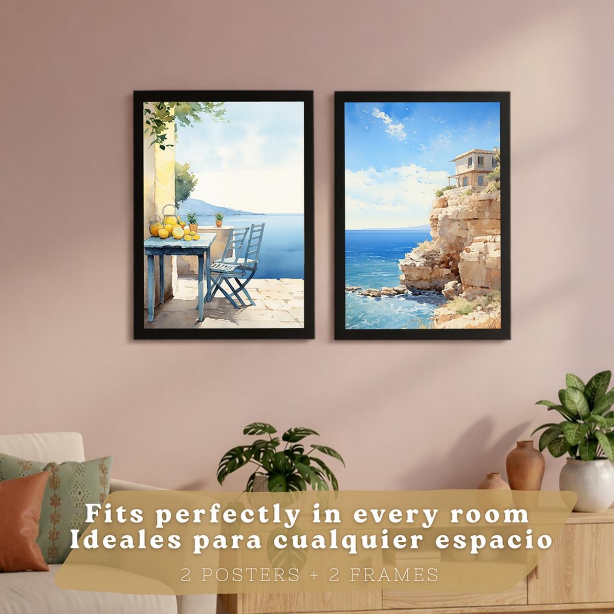 POSTER 3er Bilder-Set Wandbilder Strand Meer modern ohne Rahmen – Wohnzimmer Deko, Schlafzimmer, Küche, Badezimmer Schwarzer Rahmen A4 - Schwarz, Papier (29.7/1/21cm) - Nacnic