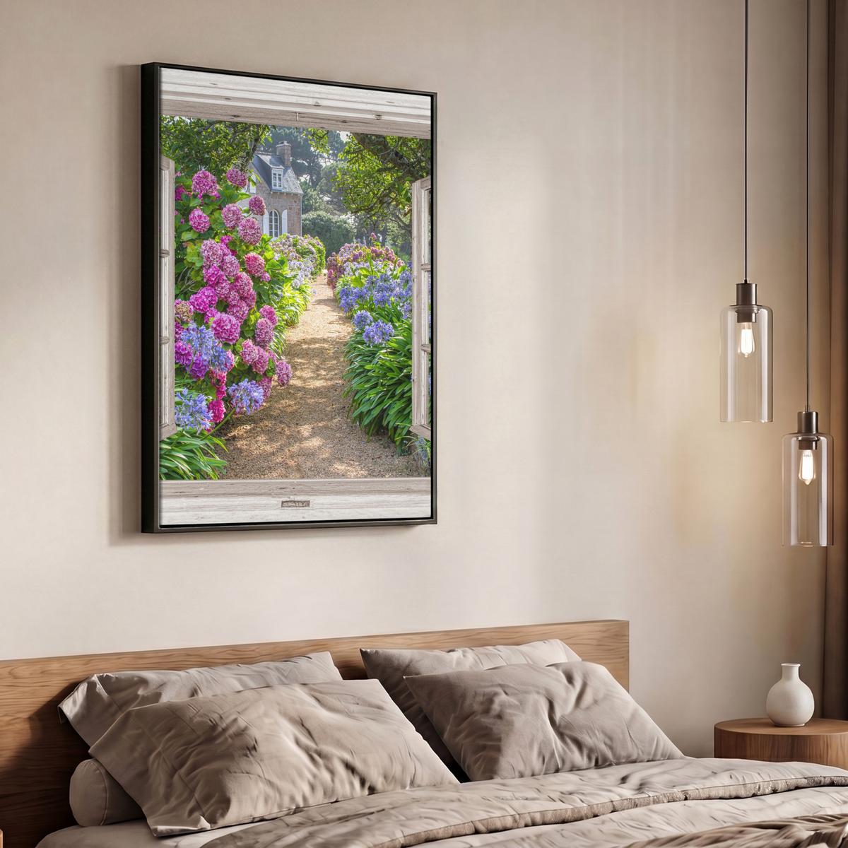 LEINWAND Bilder mit Rahmen - Hortensie - Durchsichtig - Blumen - Sommer - Lila - Weg - 70x100 - Lila, Textil (70/100cm) - MuchoWow