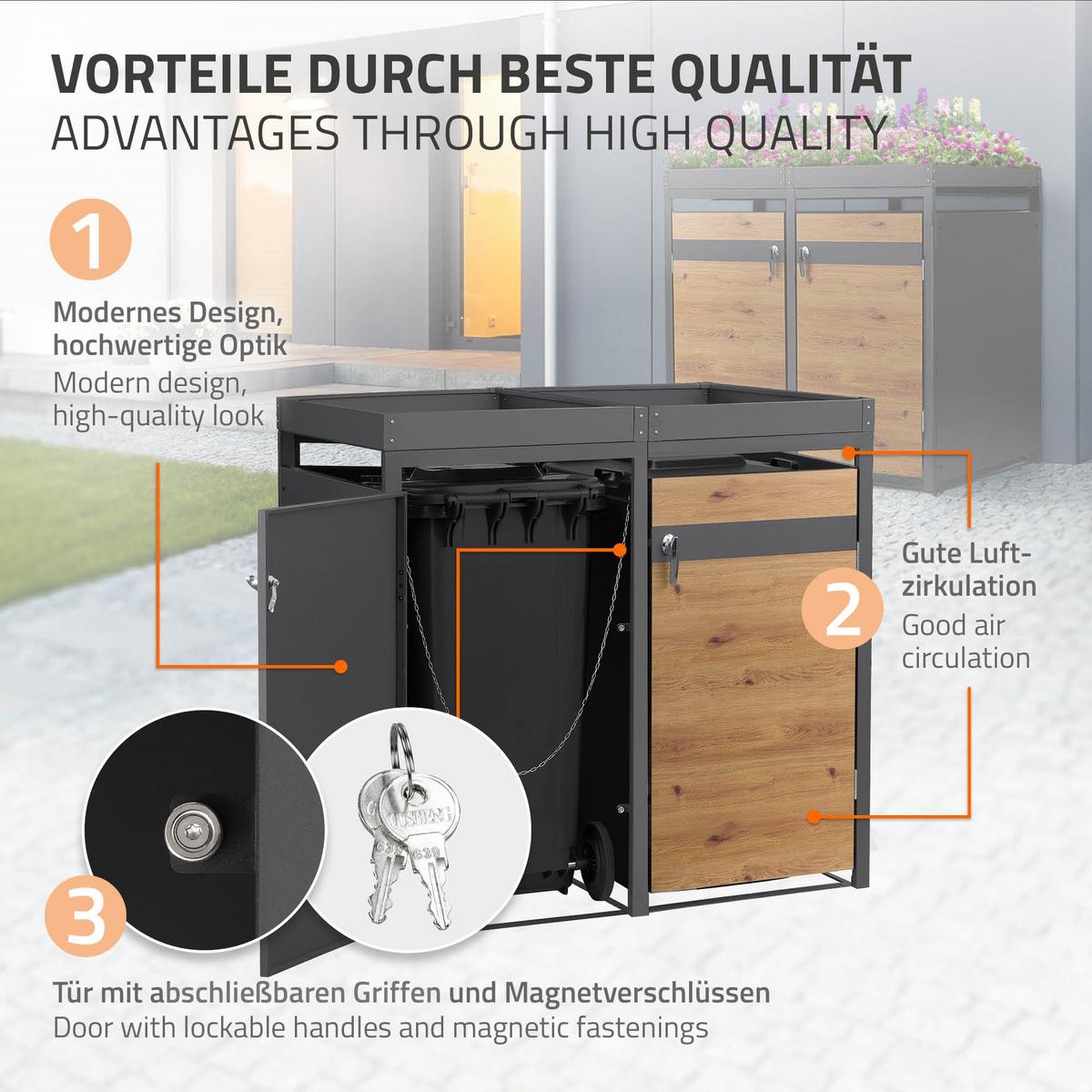 MÜLLTONNENBOX 4er mit Pflanzdach Anthrazit-Holzoptik - Braun, Metall (264/124/80cm) - ML-DESIGN