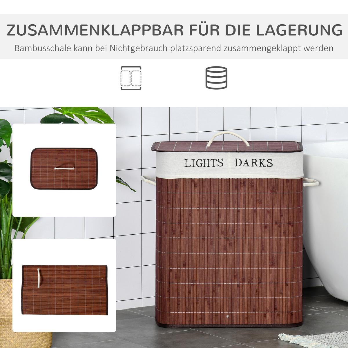 WÄSCHEKORB, Bambus, Polyester Braun+Weiß - Braun, Naturmaterialien (32/63/52cm) - HOMCOM