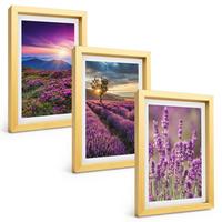 BILDER SET 3er Set - 20x30 cm Goldrahmen - Sonnenuntergang auf Lavendelfeldern - Goldfarben, Kunststoff (20/30cm) - TULUP