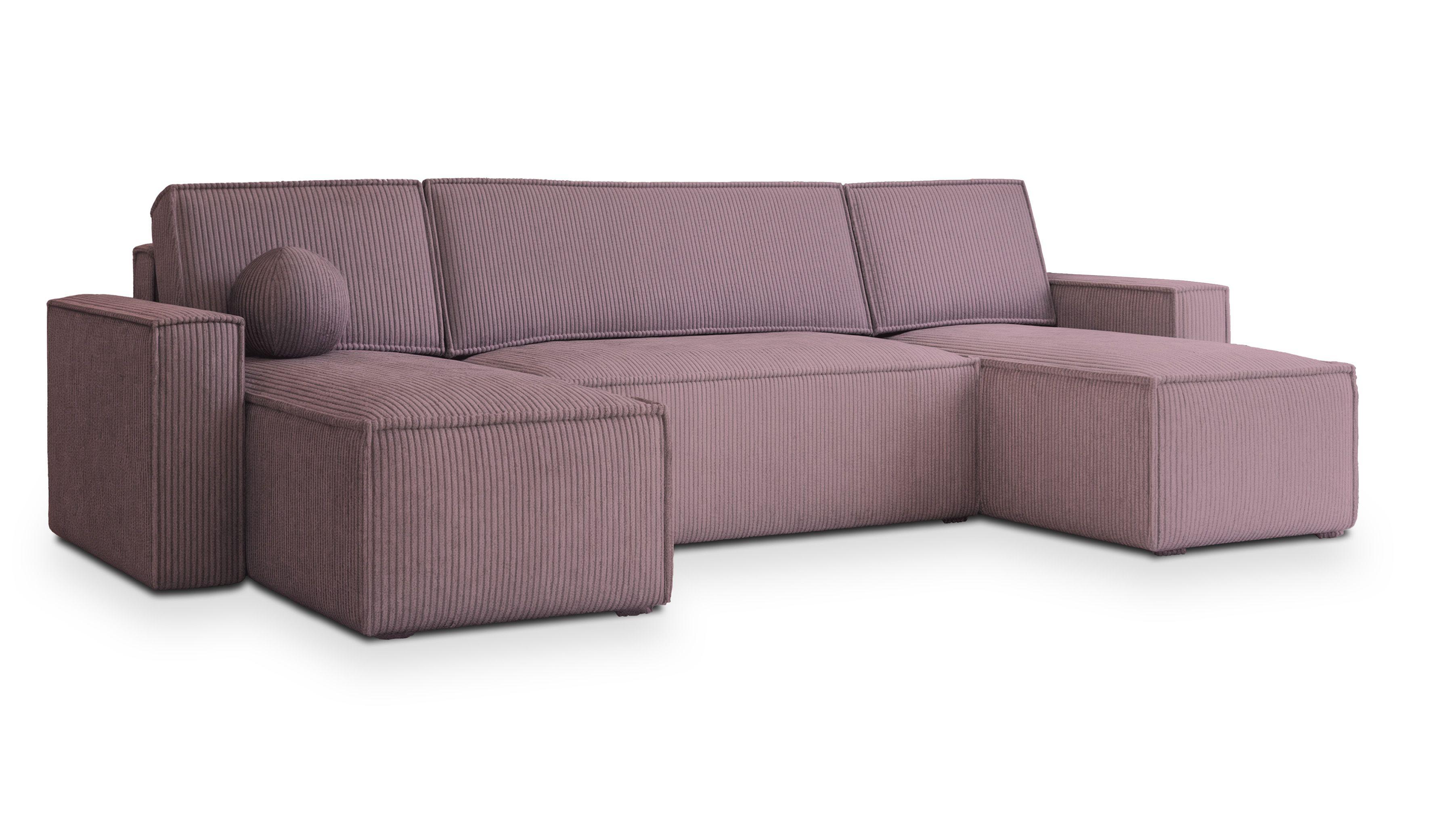 WOHNLANDSCHAFT PESANO P Lila Kordstoff mit Schlaffunktion - Lila/Grau, Holz/Kunststoff (306/85/140cm) - MASSENO