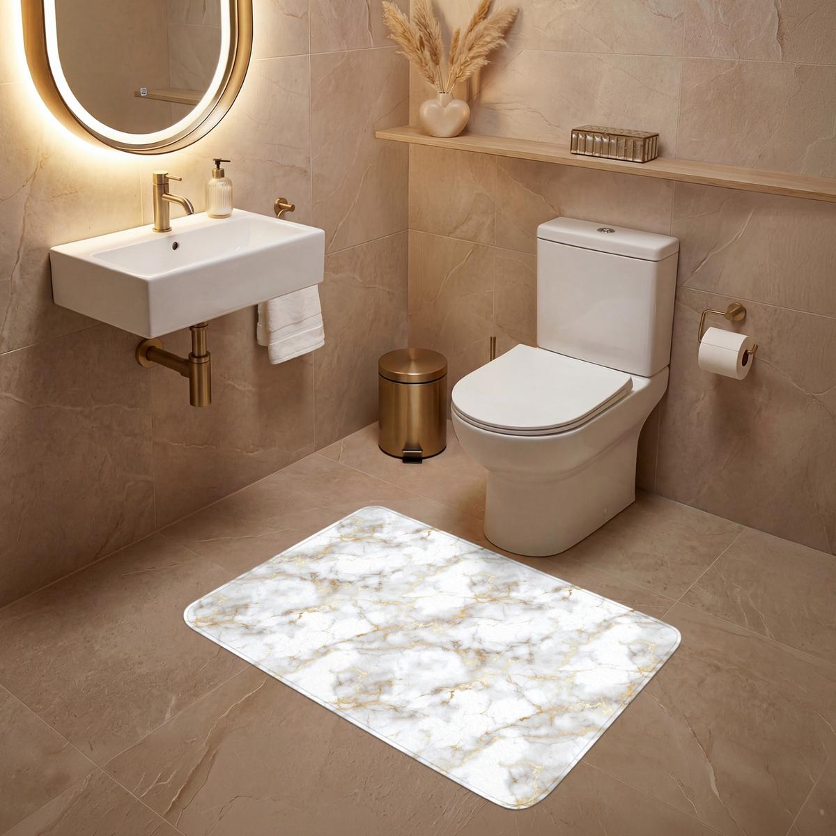 WC-VORLEGER Goldene Adern - Marmor - Weiß Toilettenteppich 90x60 cm - Weiß, Textil (90/1cm) - OnlyWow