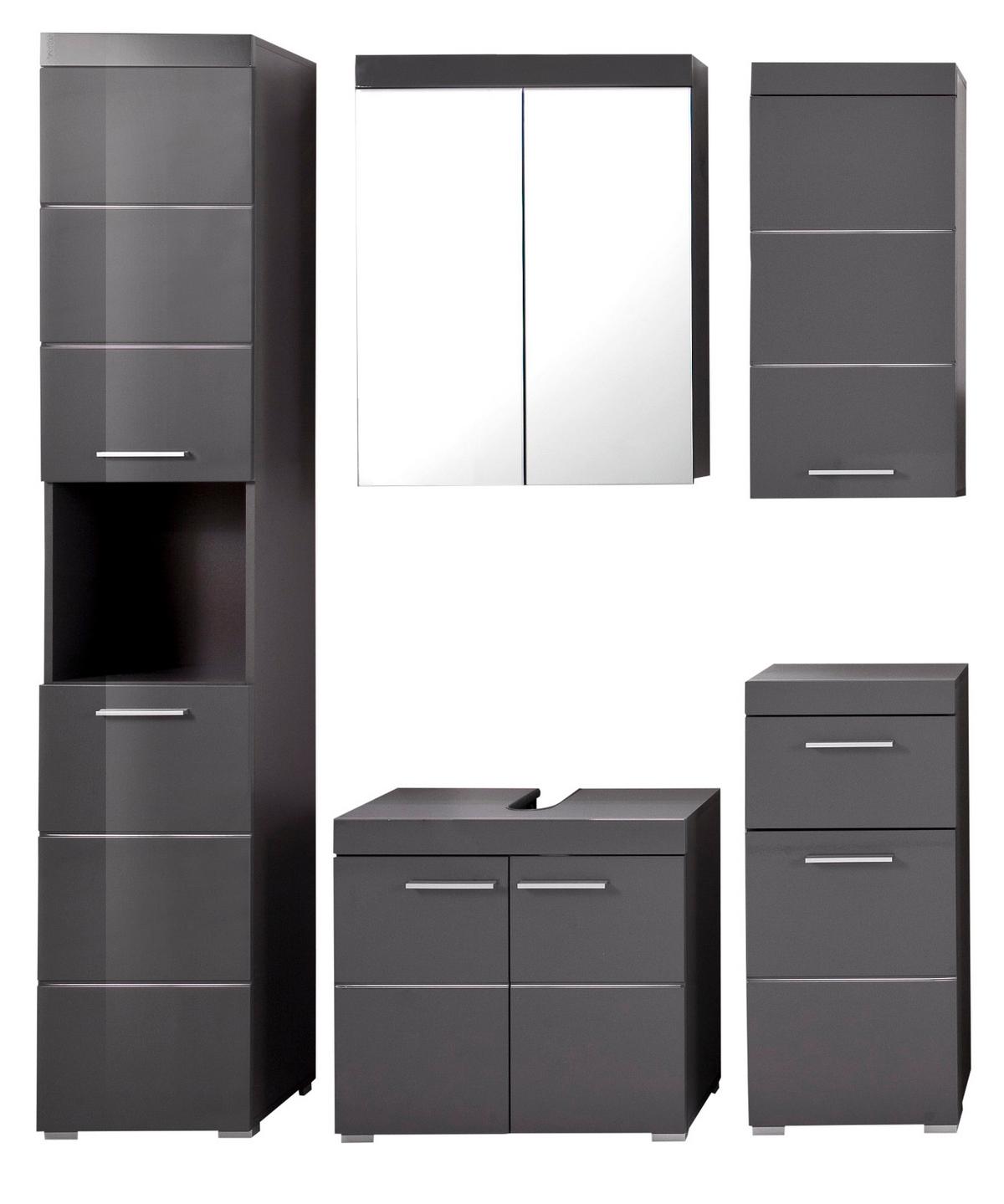 BADMÖBEL-SET grau Hochglanz 5-teilig 163 x 190 cm, Komplett-Set mit viel Stauraum - Grau, Glas/Holzwerkstoff (163/190/34cm) - Top.Furn