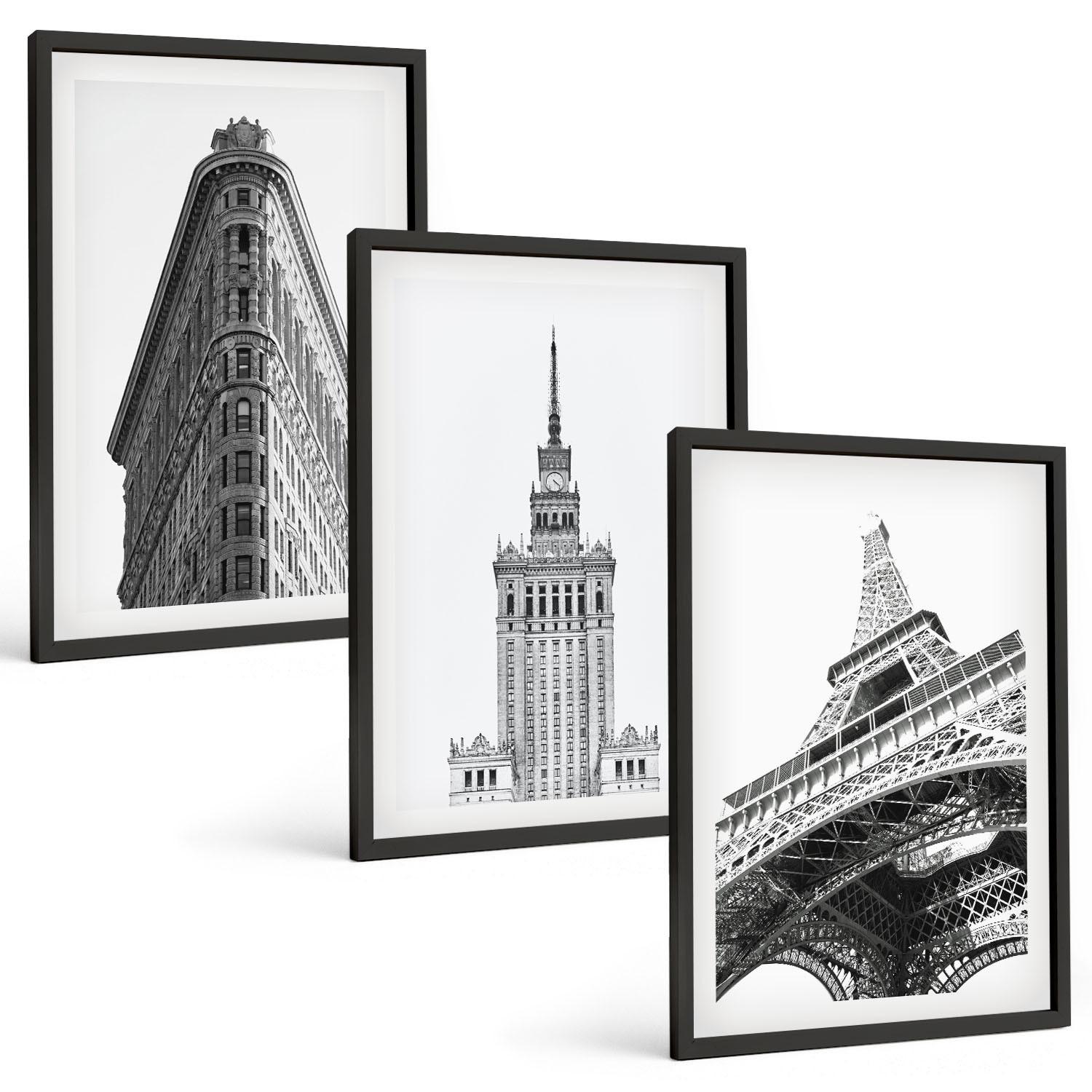 BILDER SET 3er Set - 40x60 cm Schwarzer Rahmen - Architektonische Schwarz-Weiß-Gebäude - Schwarz, Kunststoff (40/60cm) - TULUP