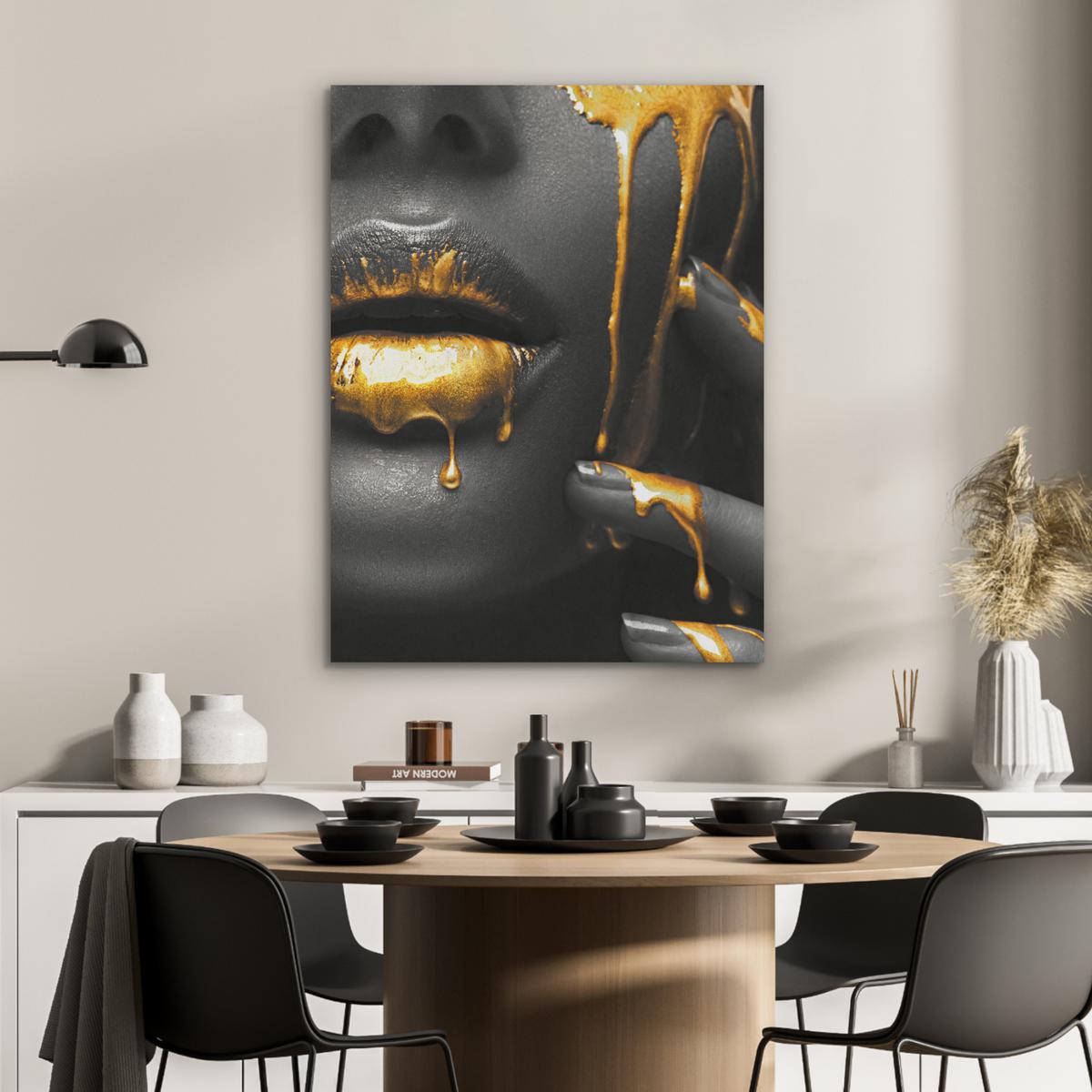 AKUSTIKBILD Frau - Schwarz - Gold - Gesicht - Lippen Wandbilder 60x80 cm - Goldfarben, Kunststoff (60/80/0.9cm) - MuchoWow