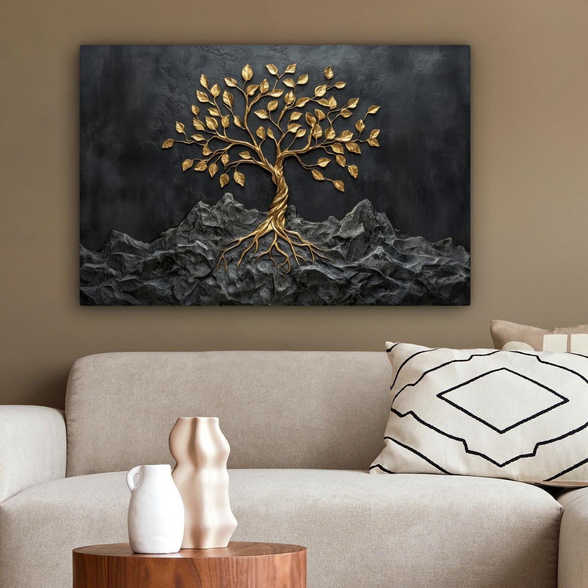 LEINWANDBILD Blätter - Gold - Baum - Fels Gemälde 60x40 cm - Schwarz, Textil (60/40cm) - MuchoWow