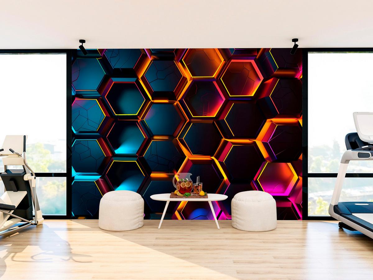 FOTOTAPETE für Jugendzimmer Schwarz Neon Hexagone 300x210 - Gelb/Schwarz, Papier (300/210cm) - Muralo