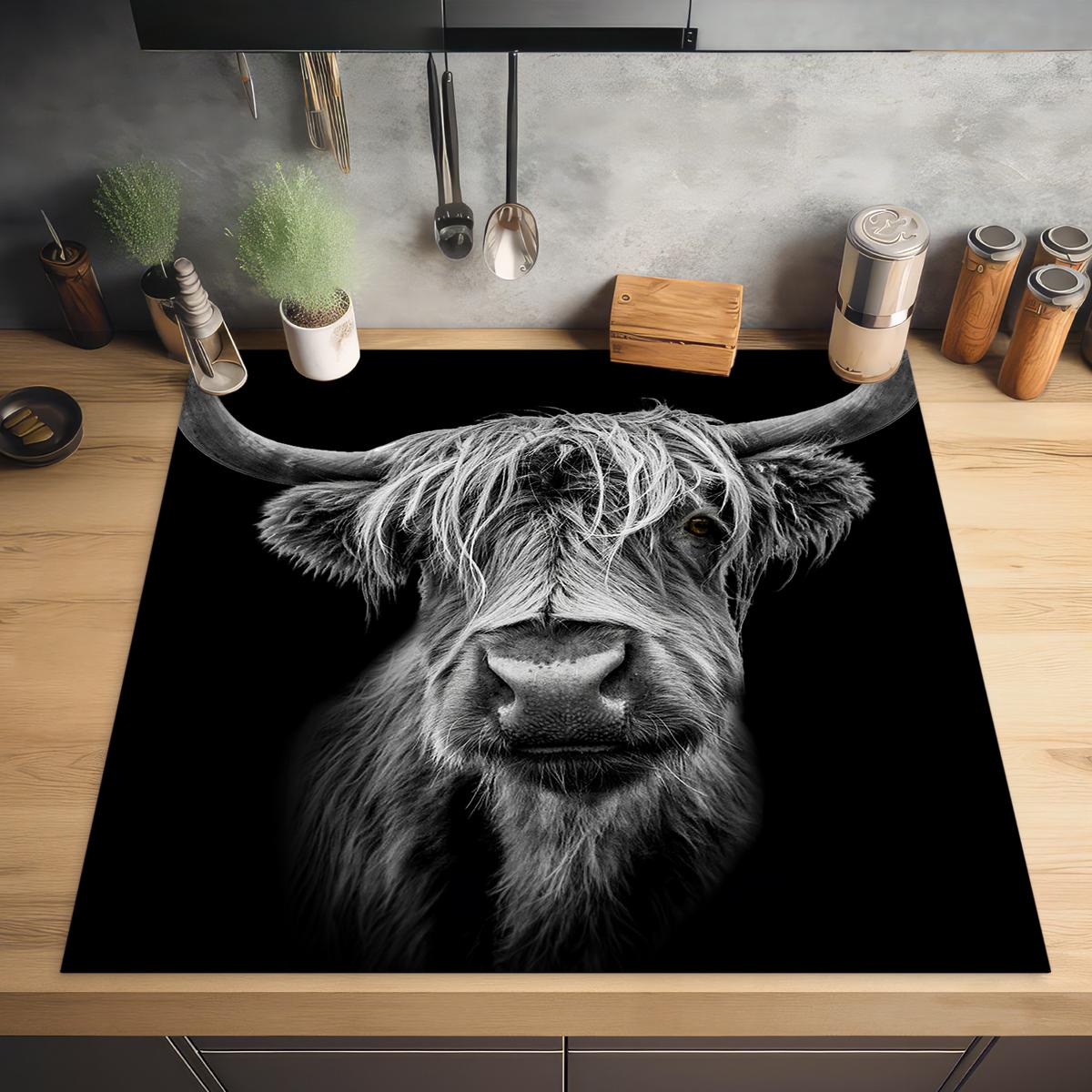 HERDABDECKPLATTE Schottischer Highlander - Hörner - Schwarz - Weiß - Kuh - Wild - Tiere Induktionsmatte 78x78 cm - Schwarz, Kunststoff (78/78/0.2cm) - MuchoWow