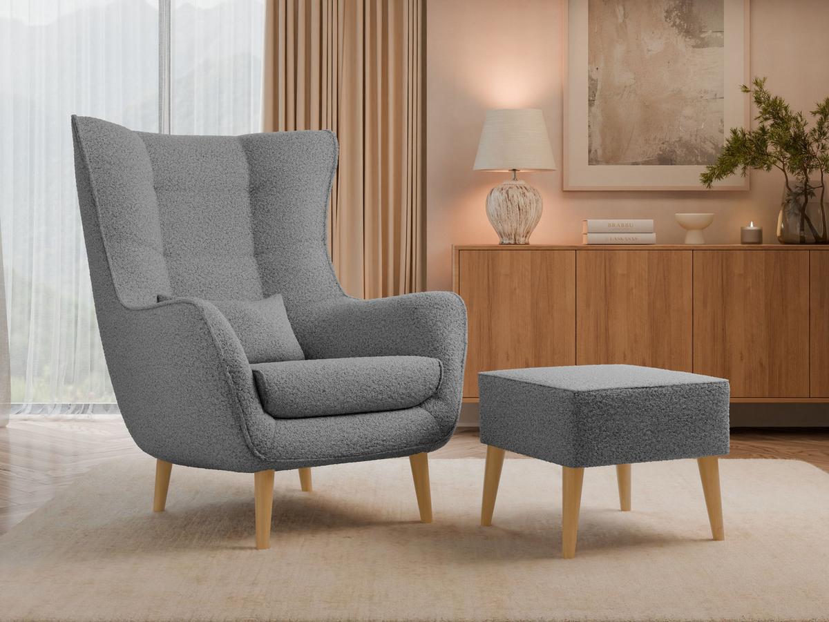 SESSEL Estjano Boucle mit Fußbank - Beige/Grau, Holz/Textil (80/106/95cm) - MIRJAN24