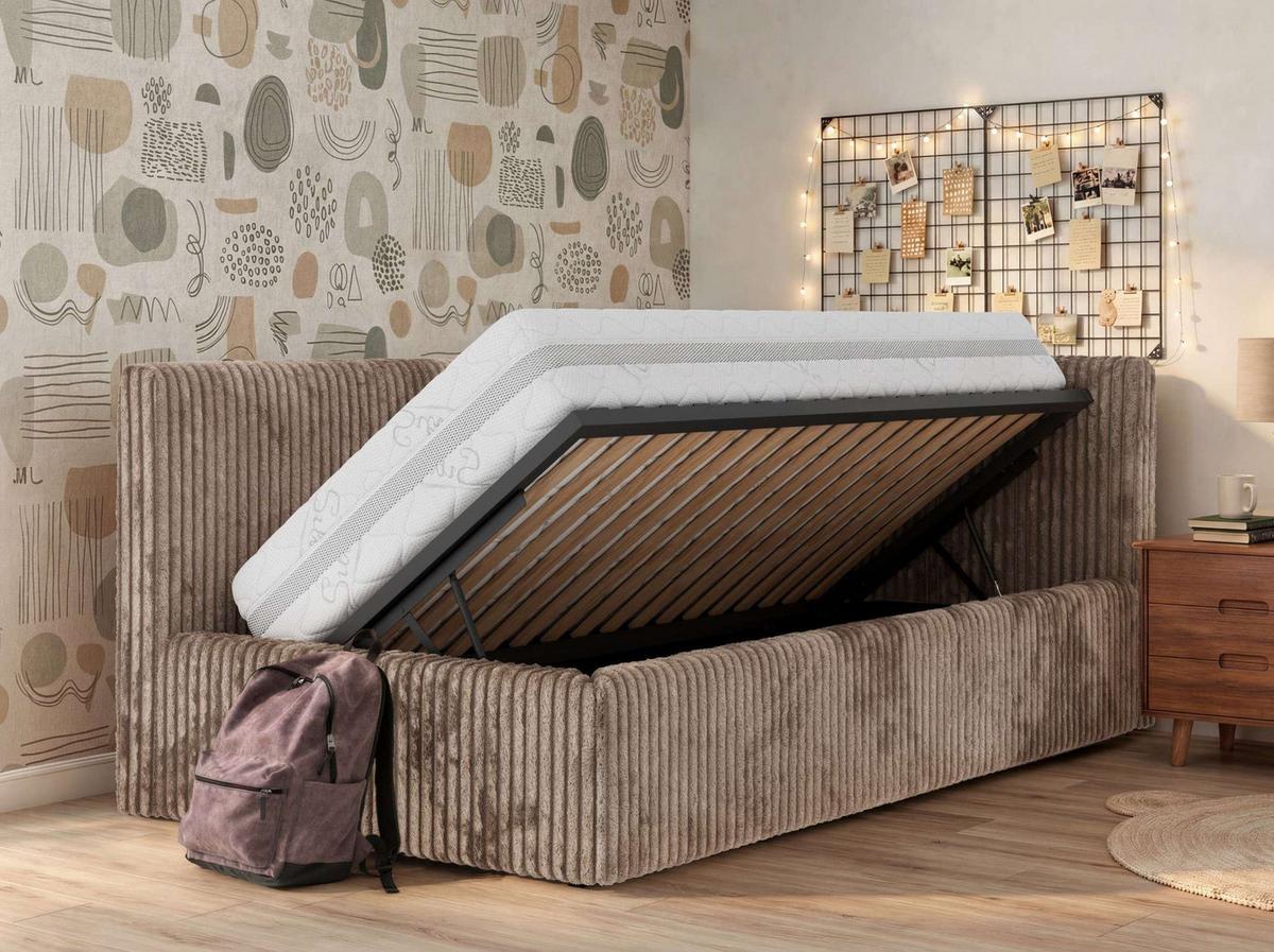 POLSTERBETT TILVO 90/200 - Braun Cord - Taschenfederkernmatratze - Rechts - Braun, Textil (200/90cm) - MKS