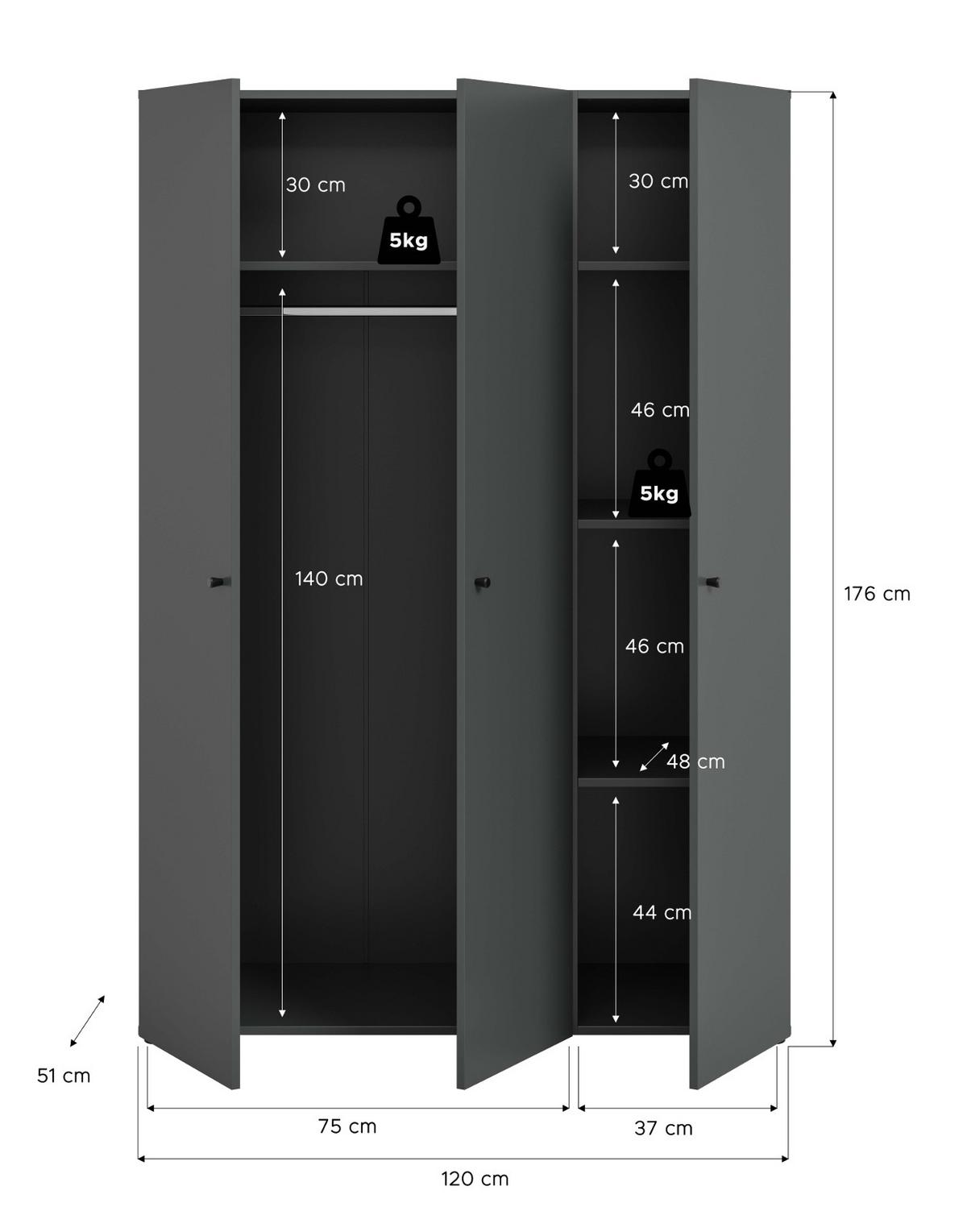 KLEIDERSCHRANK grau 3-türig 120 cm, Drehtürenschrank mit Kleiderstange - Schwarz/Grau, Holzwerkstoff/Kunststoff (120/176/51cm) - Inn.Furn
