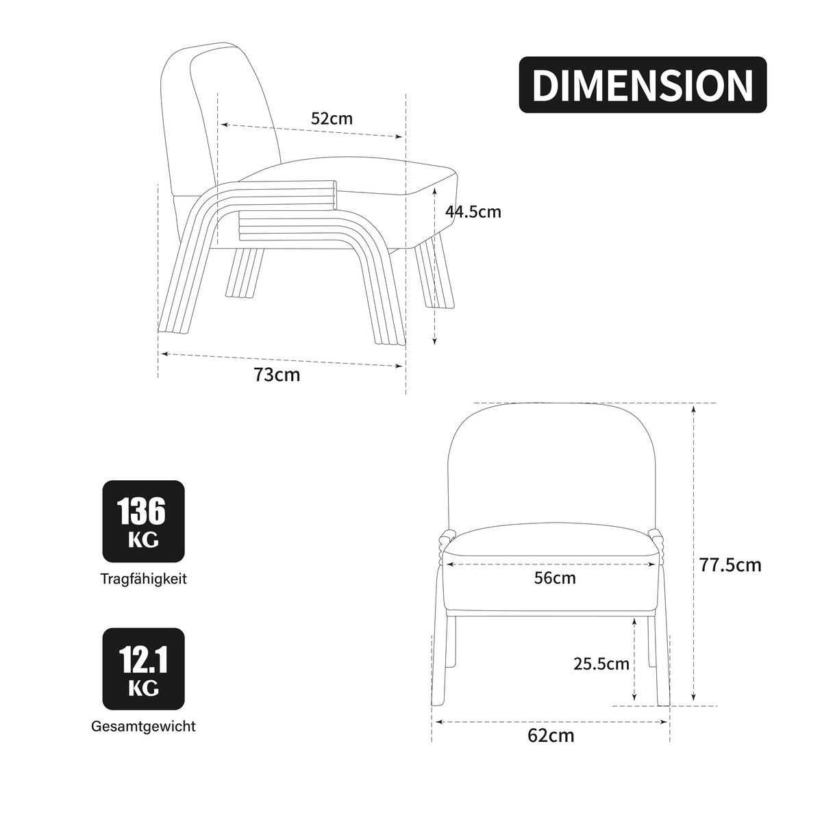 SESSEL aus chenille und massivholz, skandinavisches design und armlos - Creme, Textil (72/78/61cm) - Urban Meuble