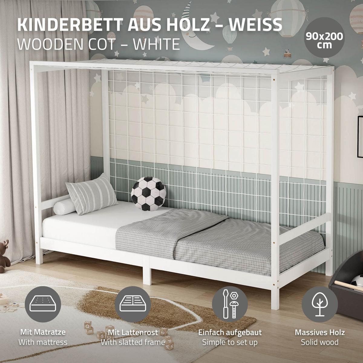 KINDERBETT Fußballtor mit Matratze 90x200 cm Weiß - Weiß, Holz (90/200cm) - ML-DESIGN