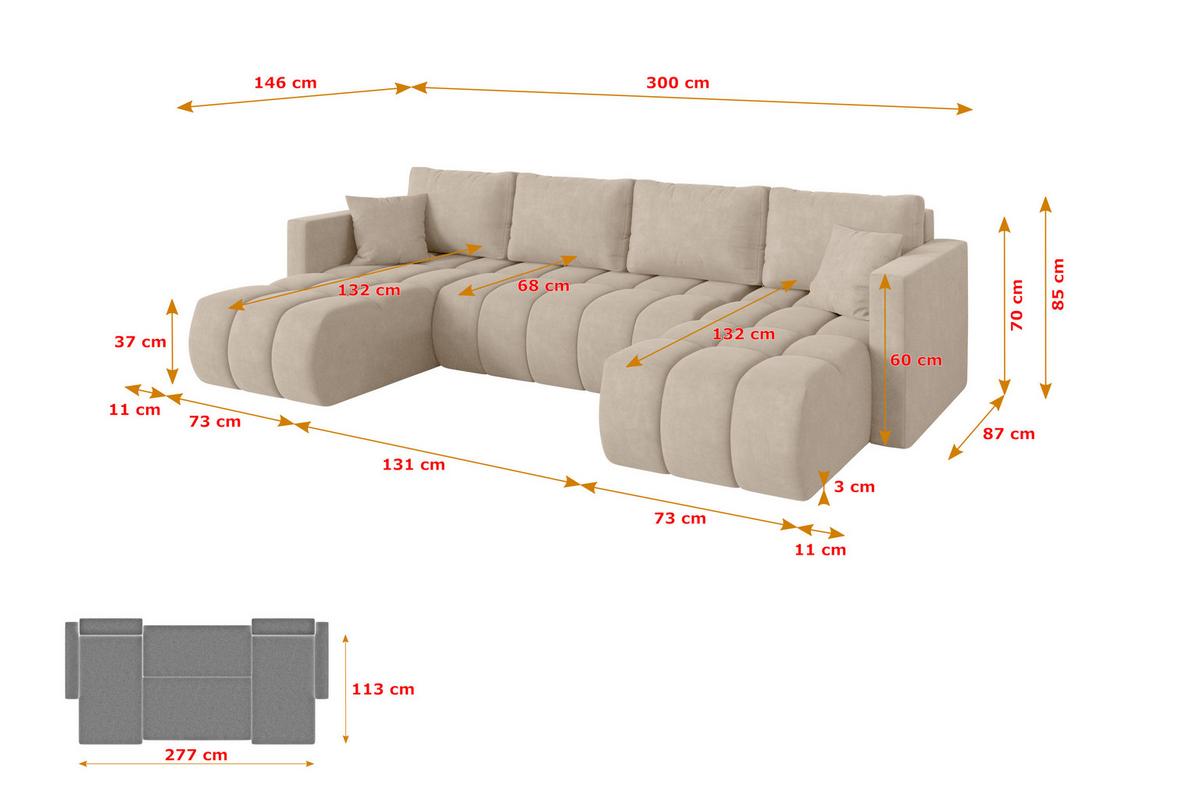 WOHNLANDSCHAFT mit Schlaffunktion und Bettkasten GARD-U 300x146x85 Beige Velours - Schwarz/Sahara, Holzwerkstoff/Kunststoff (300/85/146cm) - ALTDECOR