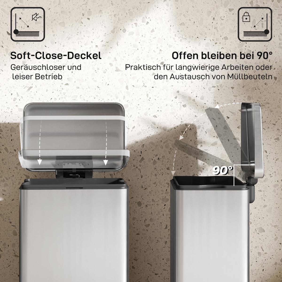 MÜLLEIMER 20 L Treteimer mit Softclose-Deckel, Pedal, Abfalleimer mit Inneneimer - Silberfarben, Metall (30.6/44.2/34.2cm) - HOMCOM