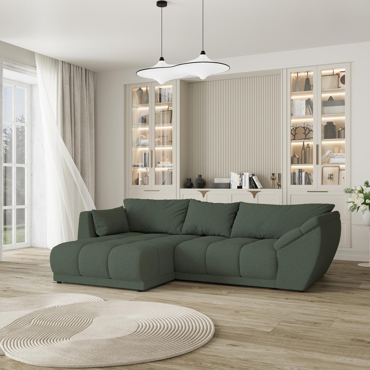 ECKSOFA ORENTI L-S Grün Boucle-Stoff mit Schlaffunktion - Grün, Holz (287/182cm) - MASSENO