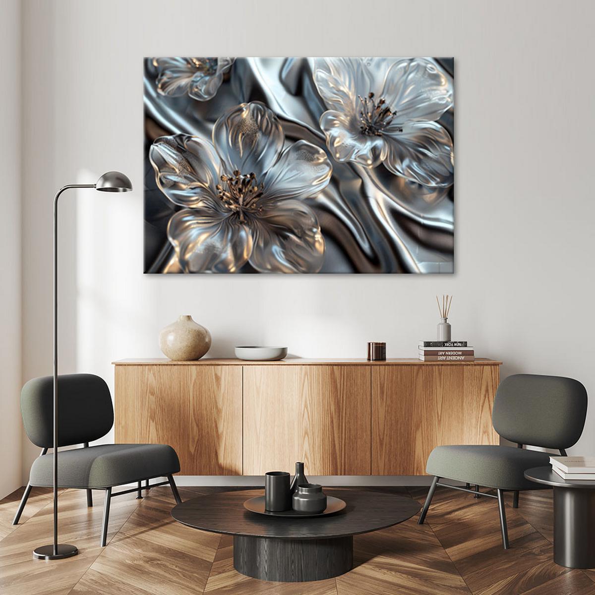 LEINWANDBILD Elegante silberne Glasblumen 60x40cm - Weiß, Textil (60/40cm) - Feeby