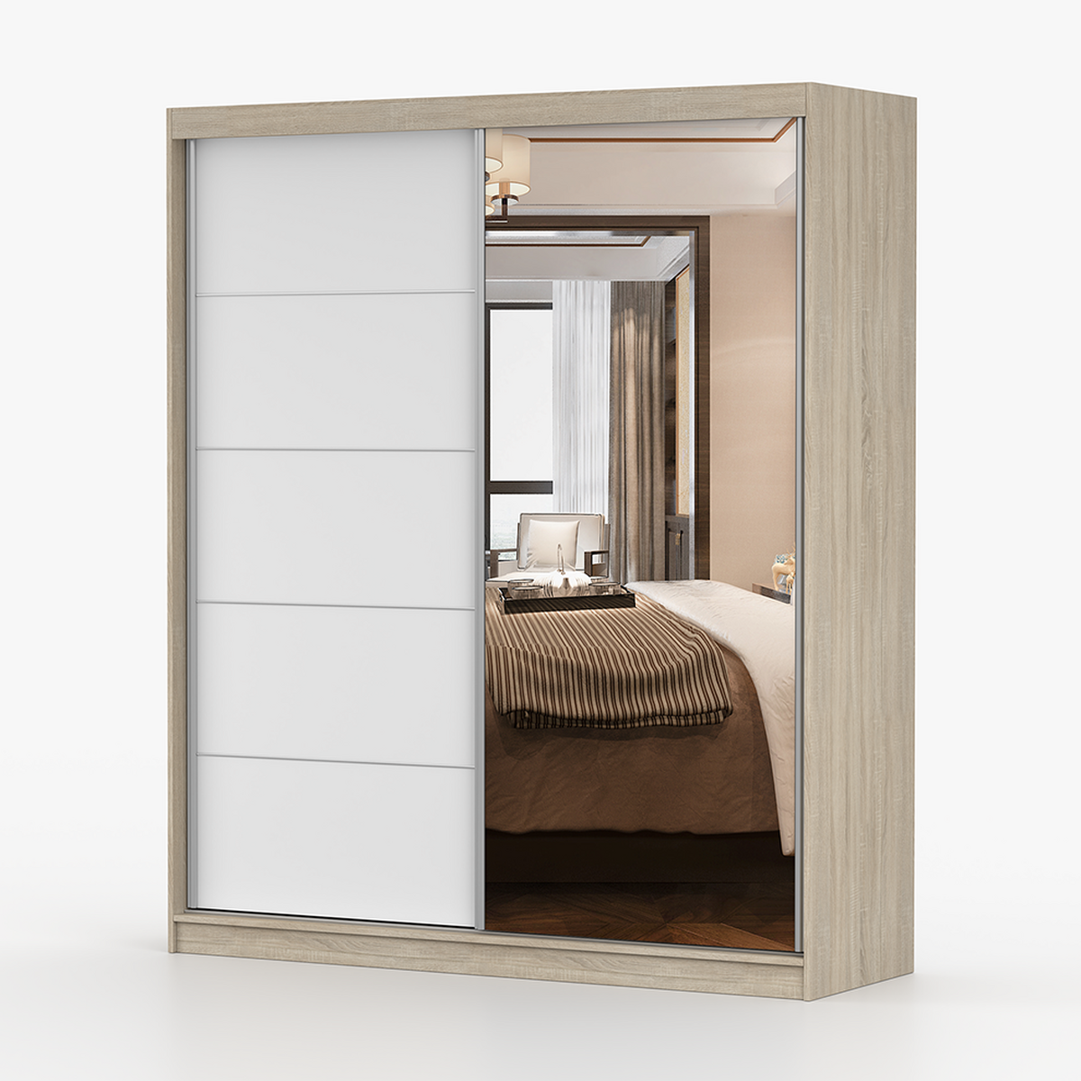 SCHWEBETÜRENSCHRANK 183/218/61 cm 2-türig Bella 03 Sonoma Eiche, Weiß - Alufarben/Weiß, Glas/Holzwerkstoff (183/218/61cm) - imoebel24