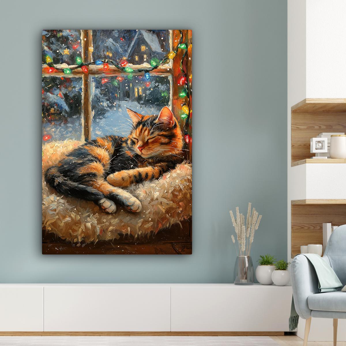 LEINWANDBILD Katze - Weihnachten - Winter - Tier Deko XXL 80x120 cm - Bernsteinfarben, Textil (80/120cm) - MuchoWow
