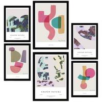 POSTER Set Mit 6 Abstrakte Kunst In Rosa Lila & Grüntönen A3 & A4 Schwarzer Rahmen - Schwarz, Papier (29/3cm) - Nacnic