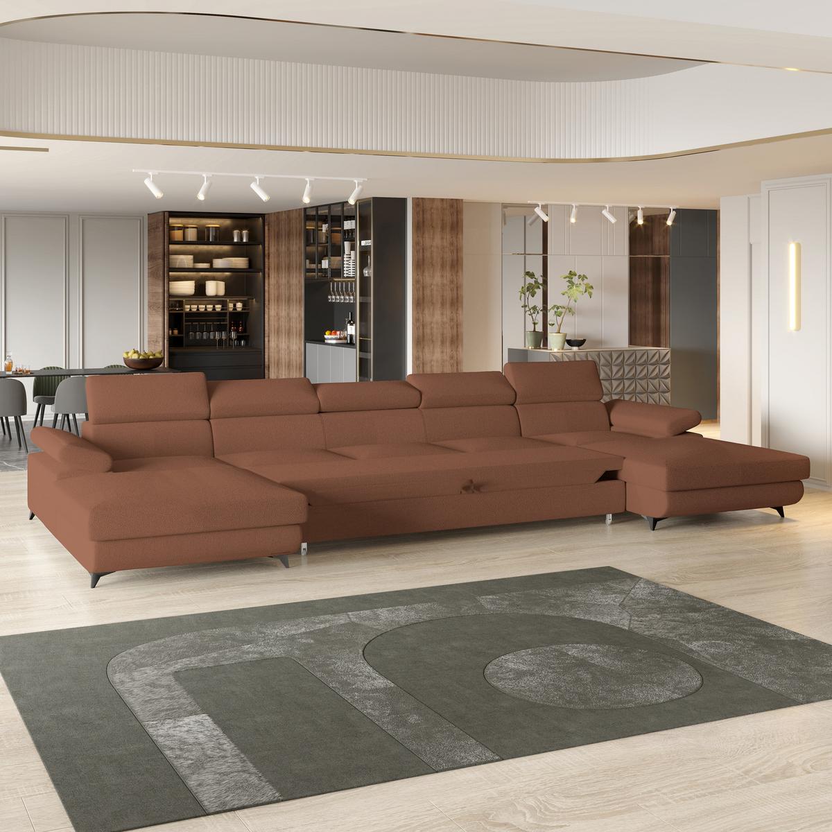 WOHNLANDSCHAFT VIVENTE Kupferfarben Boucle-Stoff mit Schlaffunktion - Kupferfarben, Holz (410/89/190cm) - MASSENO