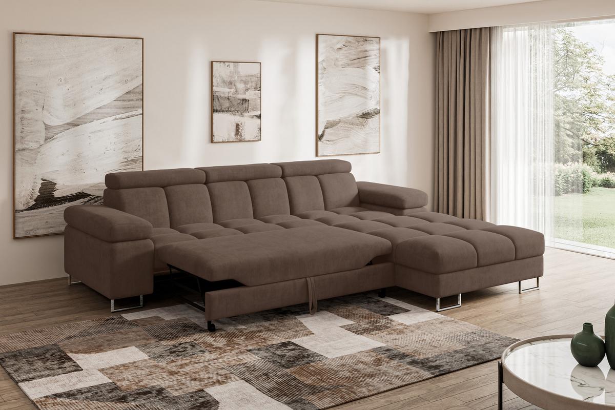 ECKSOFA mit Schlaffunktion Ottomane Rechts COMA L 271x203x79 Braun Velours - Braun, Holzwerkstoff/Textil (203/271cm) - ALTDECOR