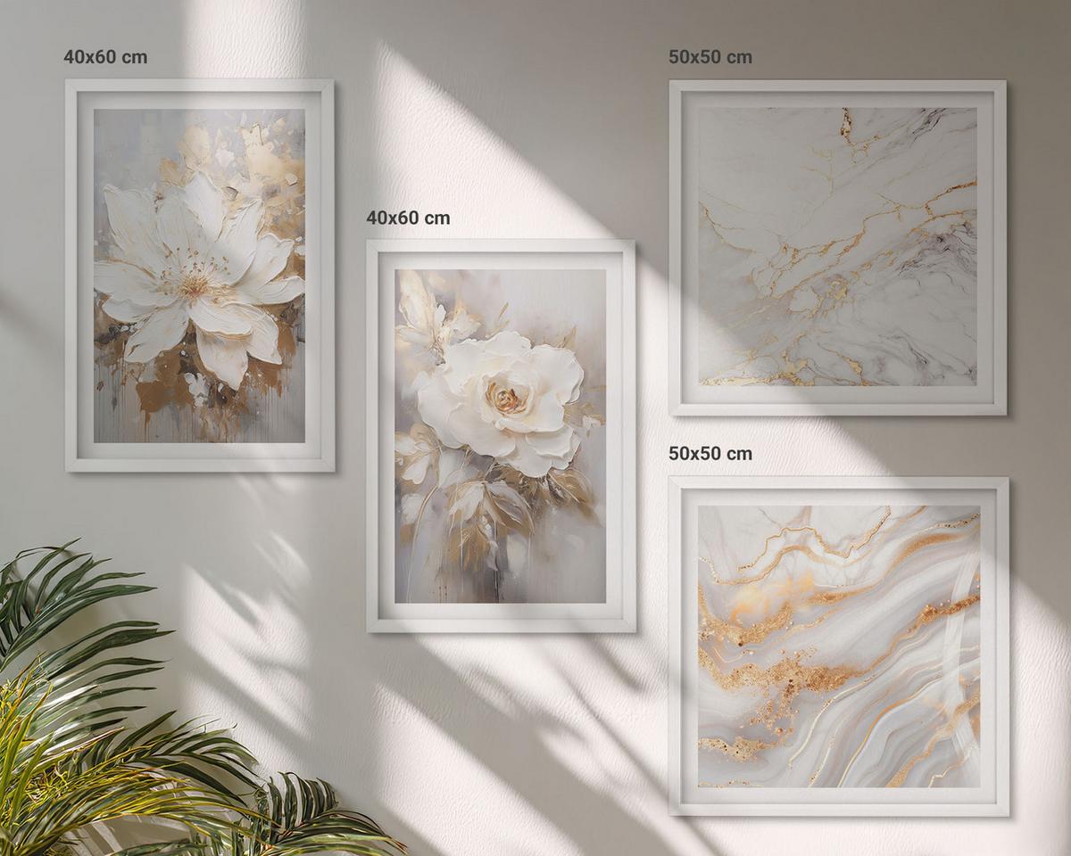 BILDER SET 4er Set - 50x50 cm & 40x60 cm Weißer Rahmen - Blumen, heller Hintergrund, Marmormuster - Weiß, Kunststoff (50/50cm) - TULUP