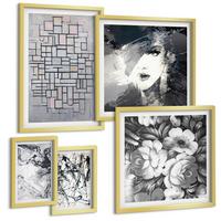 BILDER SET 5er Set - 50x50 cm & 20x30 cm & 40x60 cm Goldrahmen - Abstrakte schwarz-weiße Muster - Goldfarben, Kunststoff (40/60cm) - TULUP