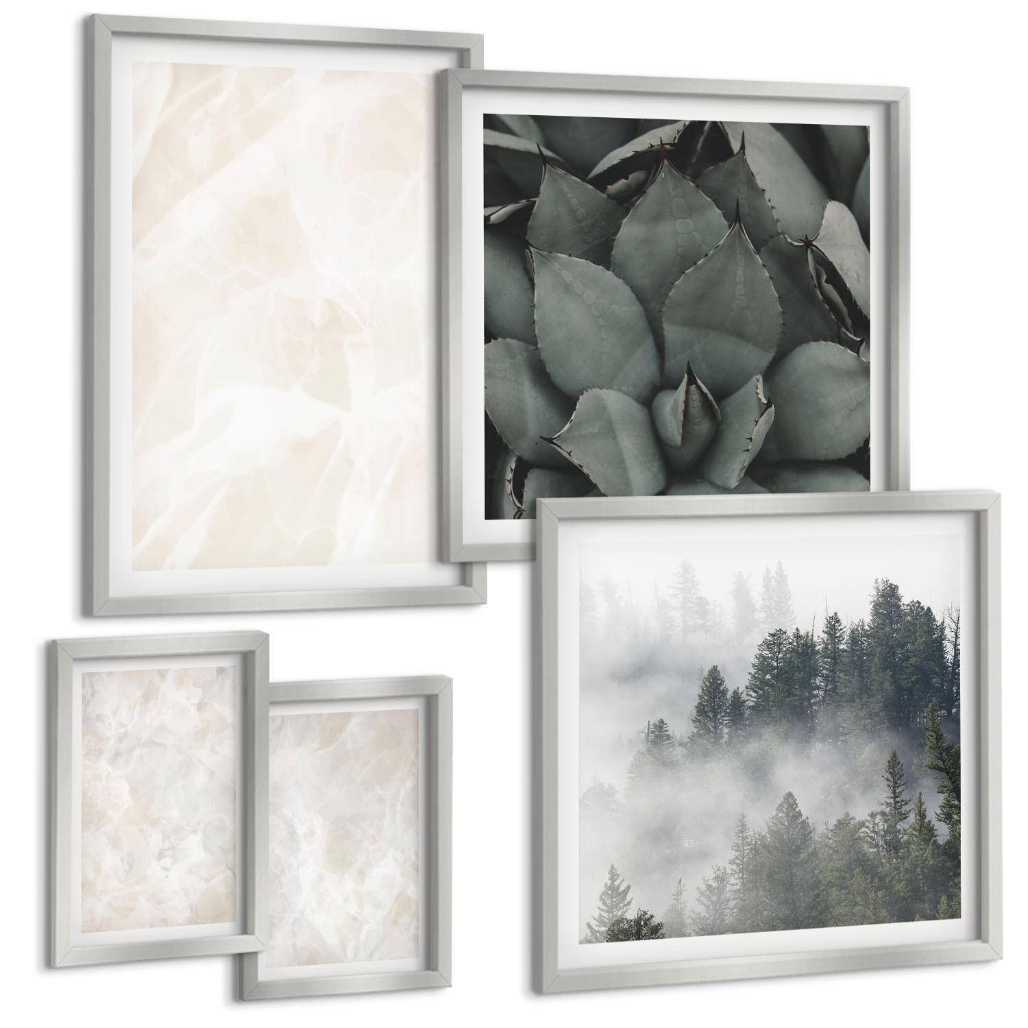 BILDER SET 5er Set - 50x50 cm & 20x30 cm & 40x60 cm Silberner Rahmen - Steinpastellmarmor - Silberfarben, Kunststoff (40/60cm) - TULUP