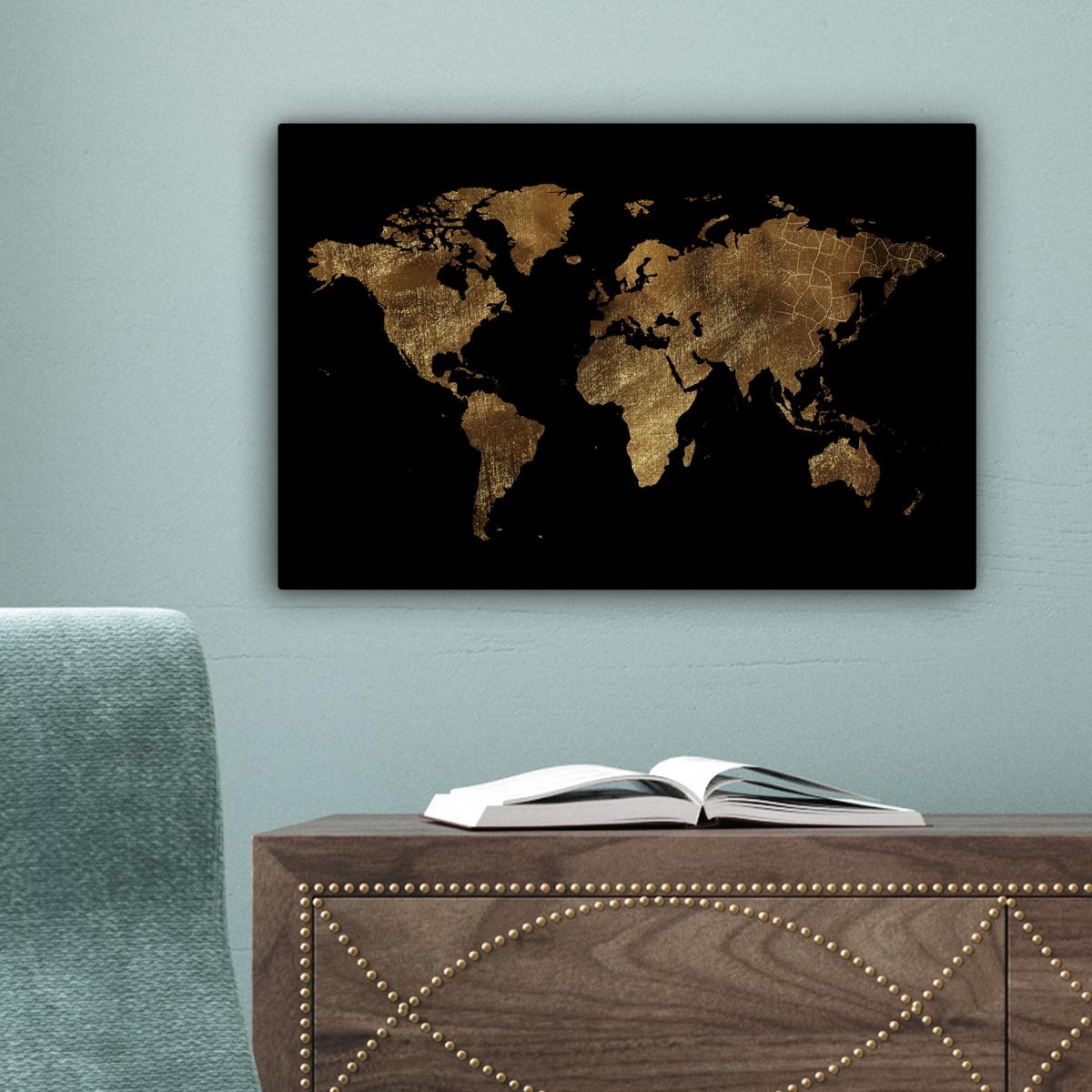 LEINWANDBILD Weltkarte - Gold - Luxus - Erde - Schwarz Deko Schlafzimmer 30x20 cm - Goldfarben, Textil (30/20cm) - MuchoWow